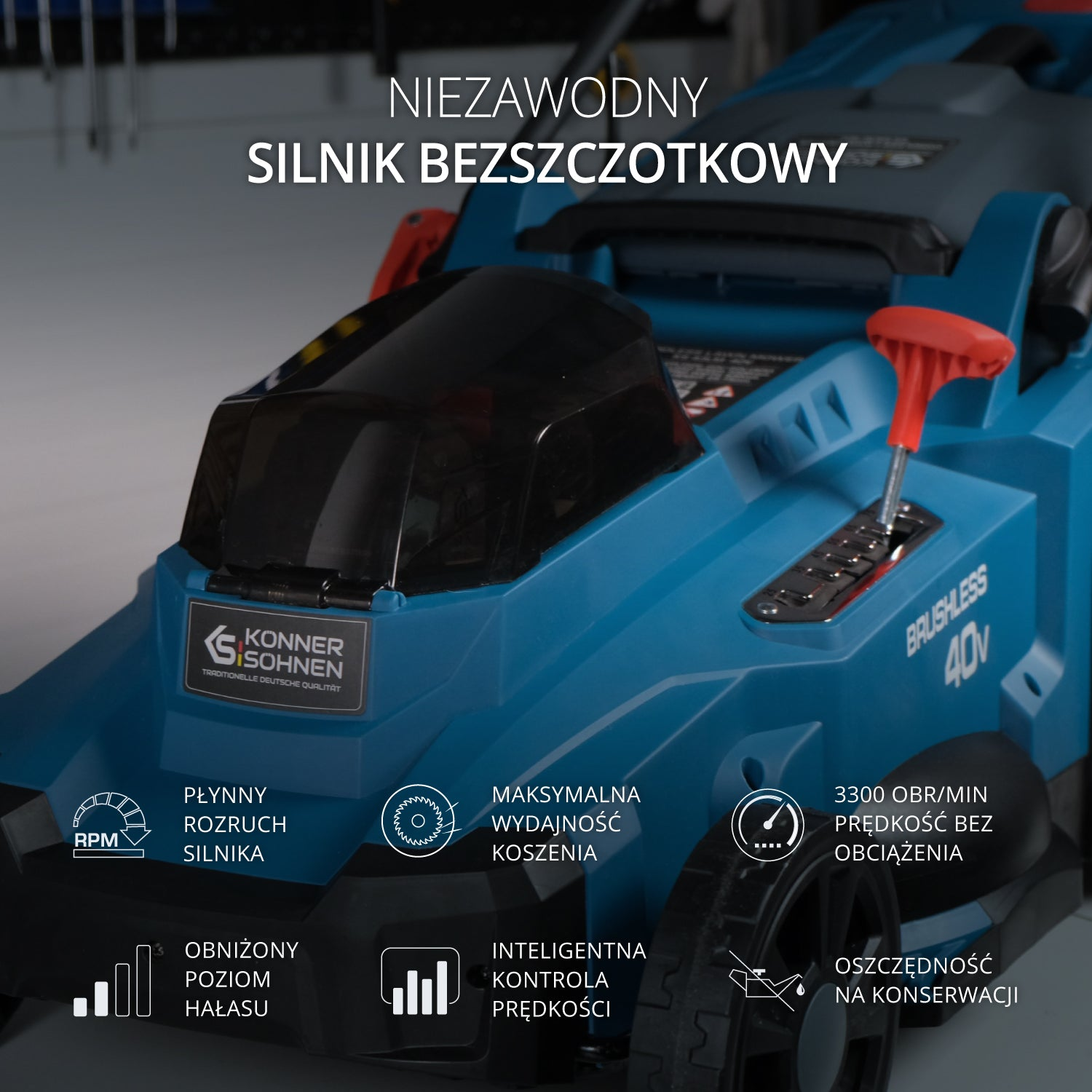 Niebieska kosiarka z czerwonymi akcentami, podkreślająca cechy takie jak silnik bezszczotkowy.