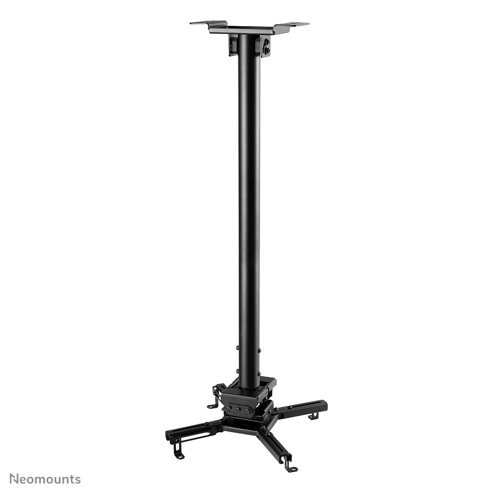 Black projector ceiling mount with adjustable arms and a long stand.