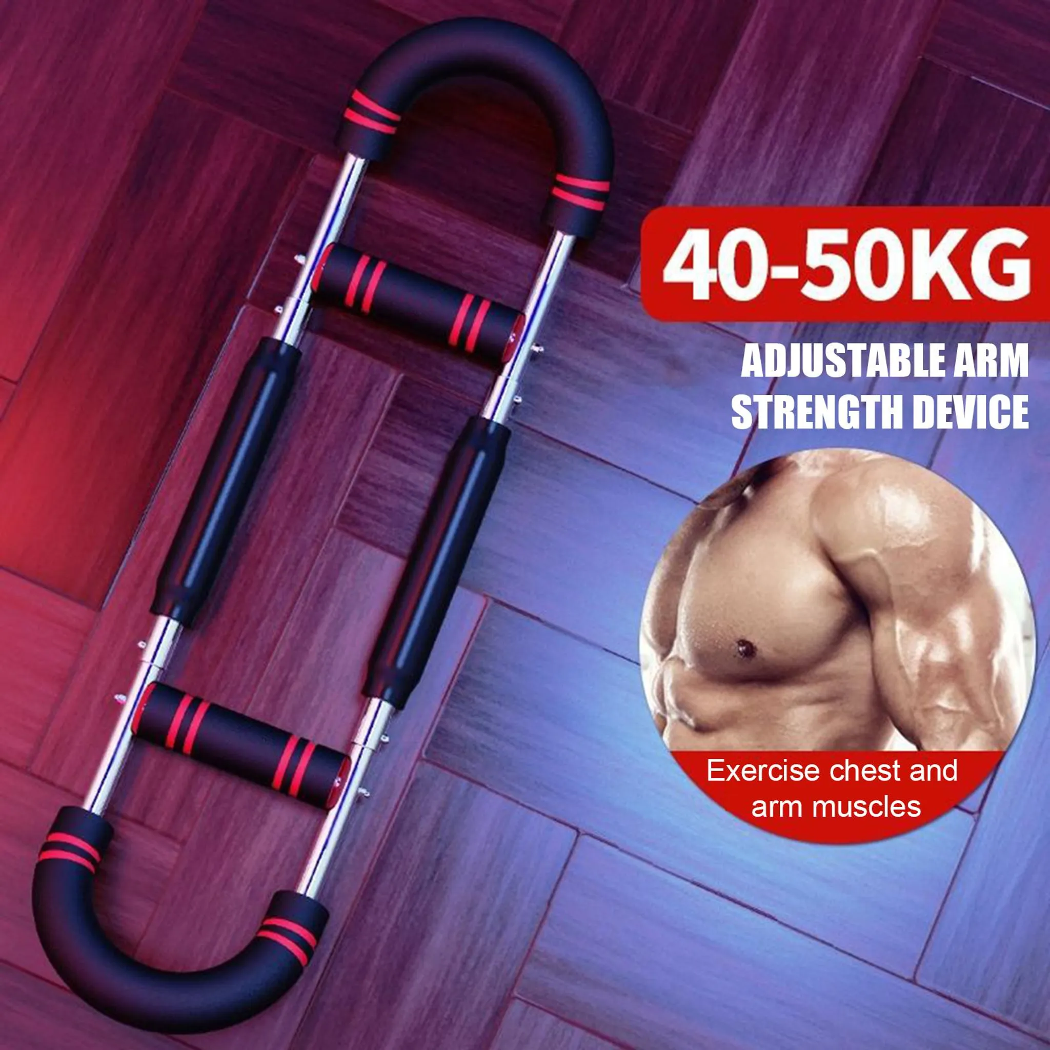 Schwarz-rotes, verstellbares Armkraftgerät auf Holzboden. Text: 40-50KG.