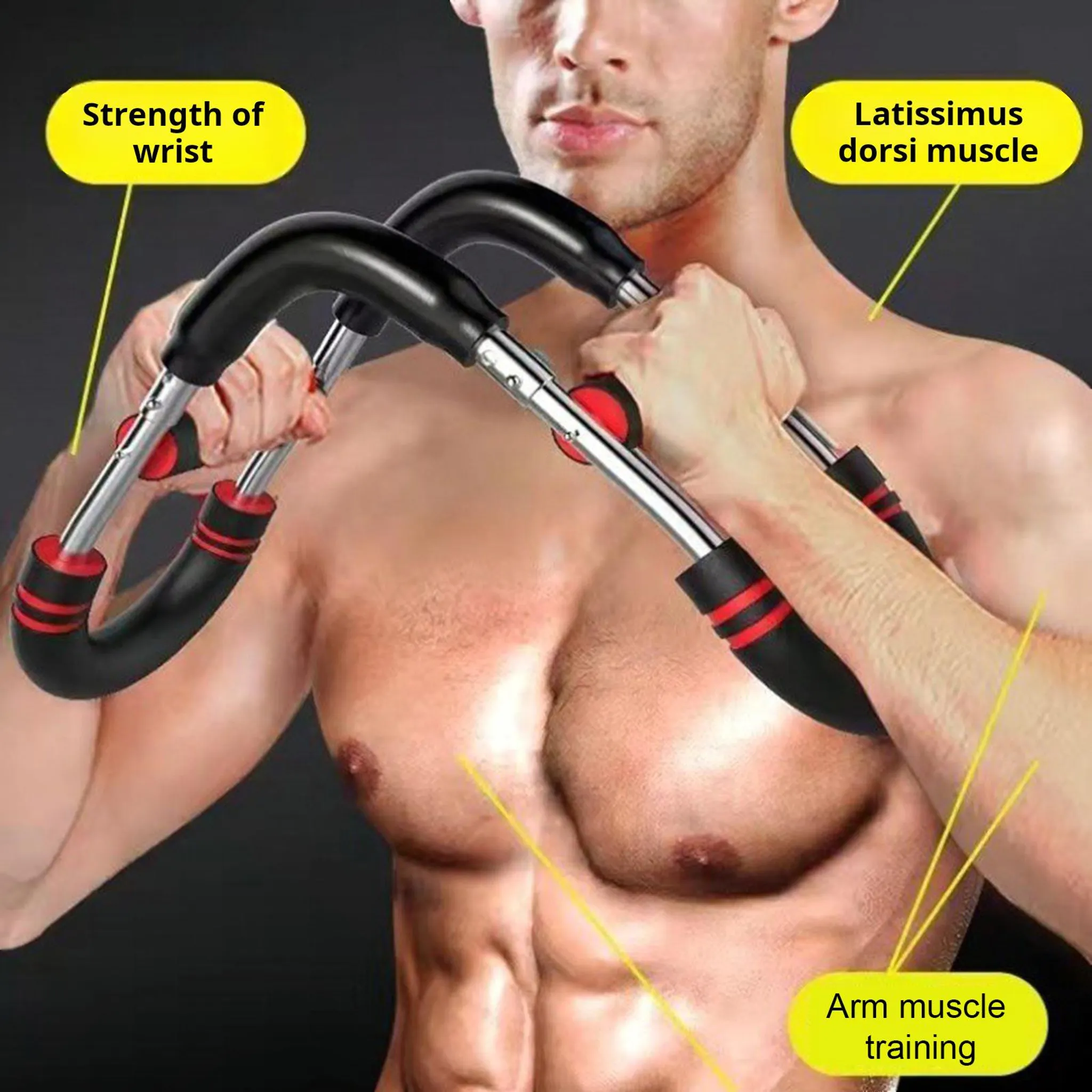 Mann mit Trainingsgeräten für Handgelenk, Latissimus und Armmuskeln.