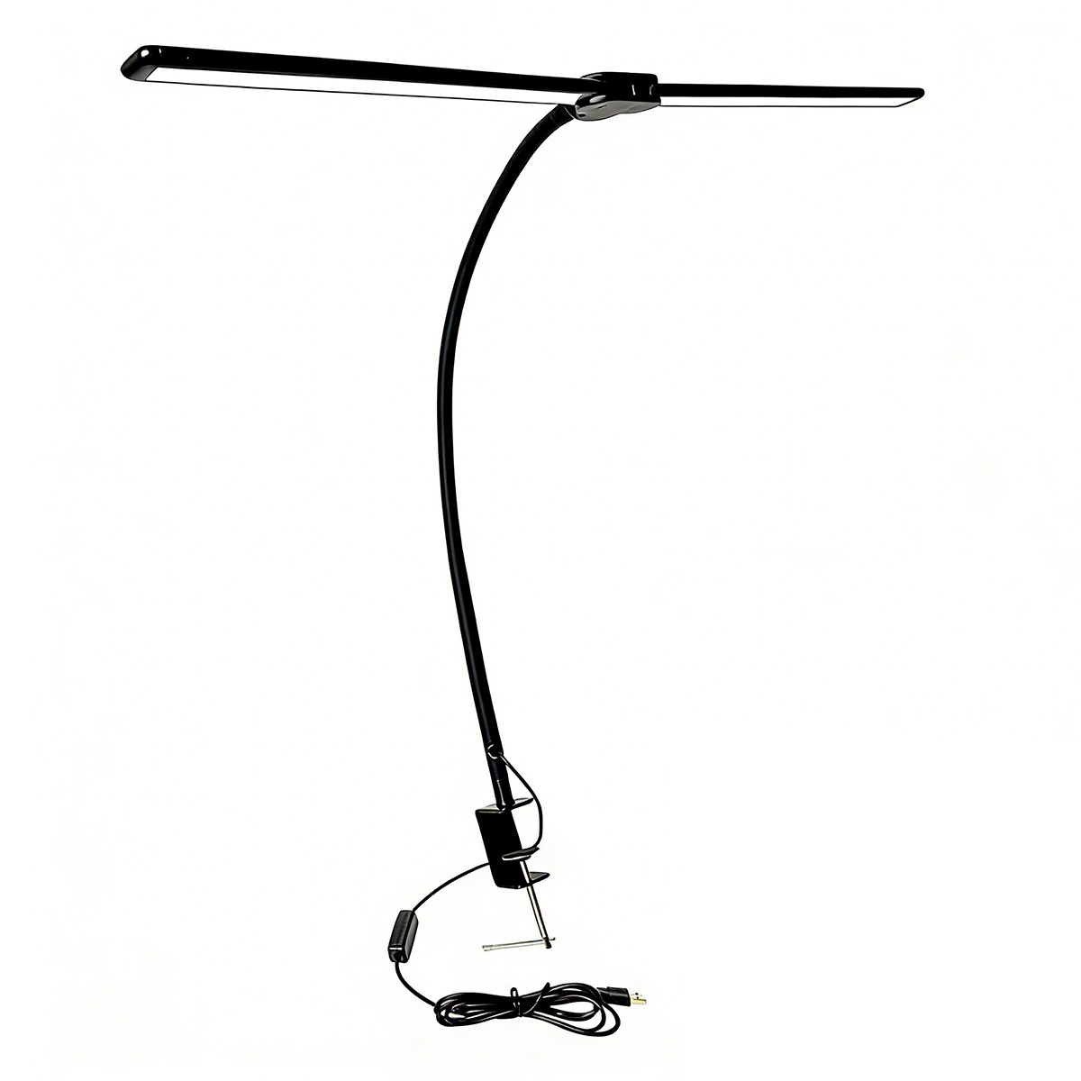 Eine schwarze Schreibtischlampe mit Klemmfuß und langem, flexiblem Arm auf weißem Hintergrund.