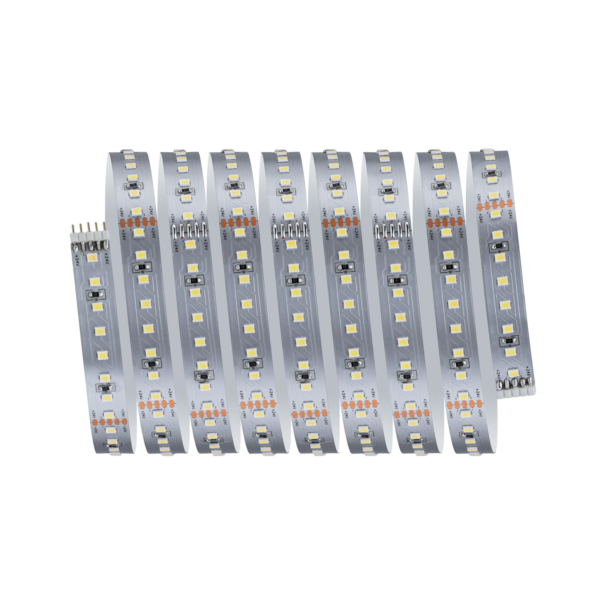 Mehrere aufgerollte LED-Streifen mit weißen LEDs und silbernen Anschlüssen auf weißem Hintergrund.