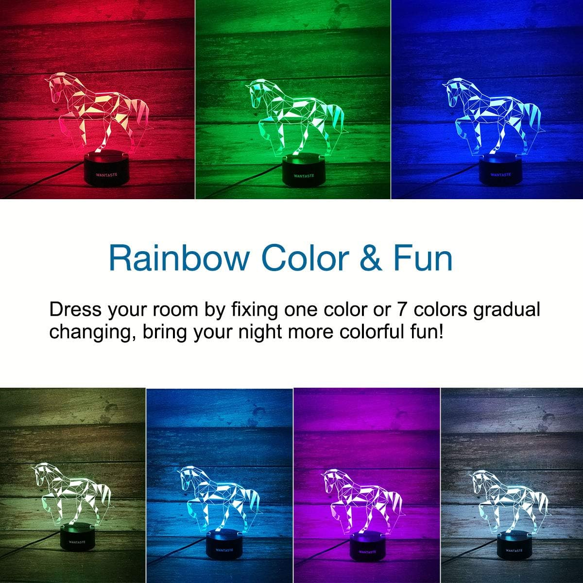 Ein transparentes Pferdelicht leuchtet in verschiedenen Farben auf Holzhintergründen.