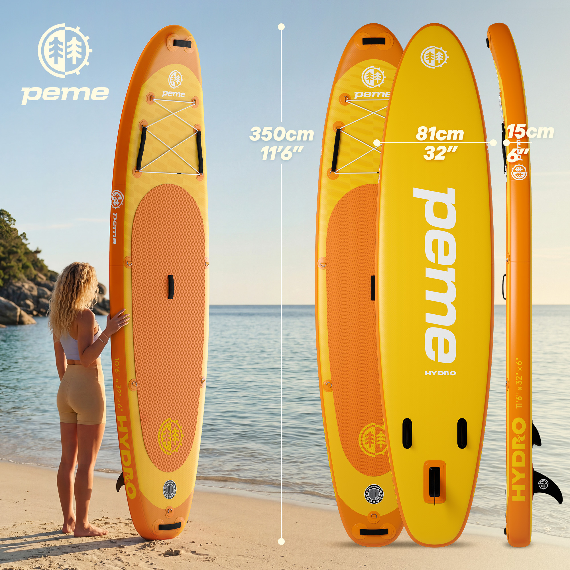 Ein Mann steht am Strand neben einem aufblasbaren SUP-Board in Gelb und Orange.