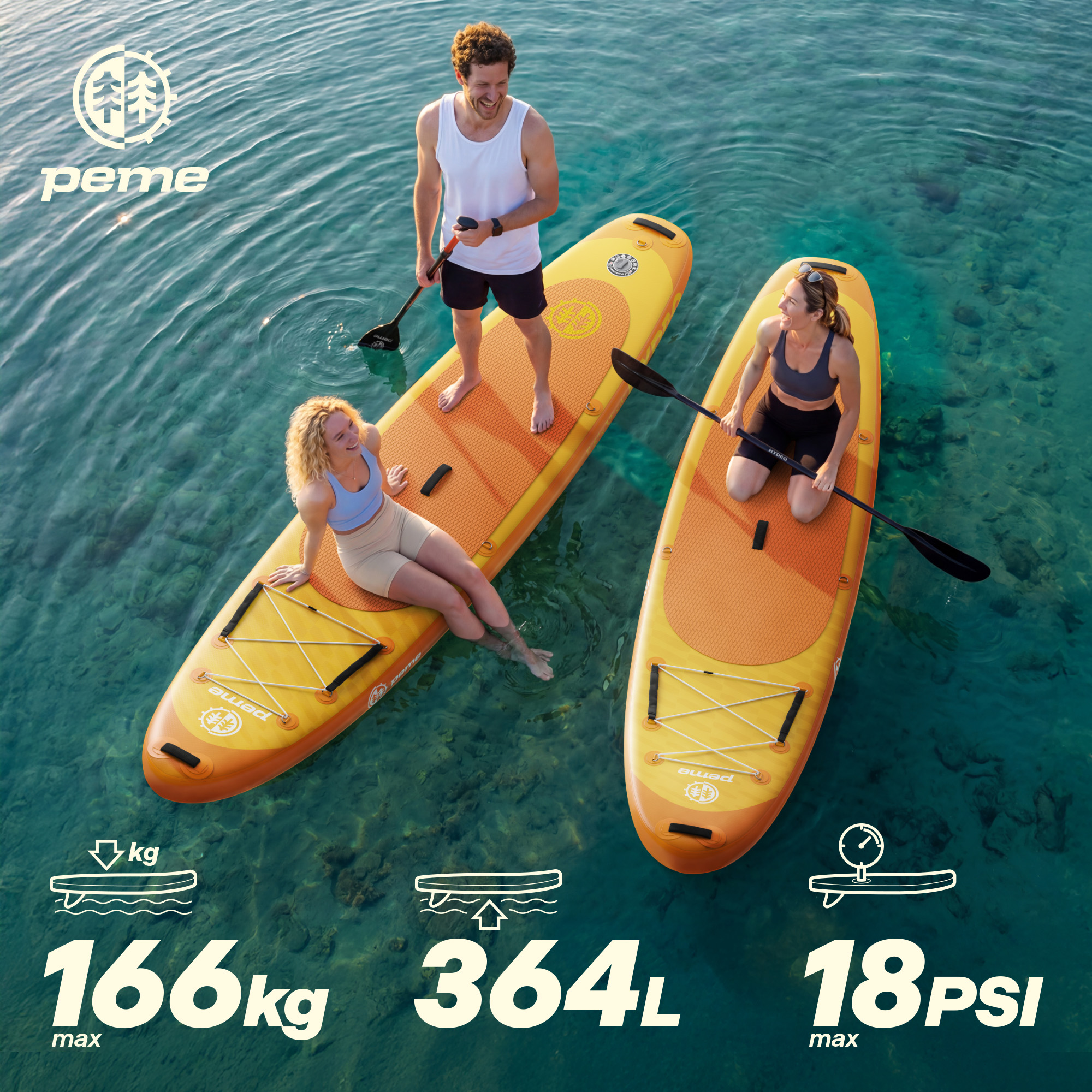 Zwei Personen auf SUP-Boards im Wasser. Einer steht, einer kniet. Mit Spezifikationen.