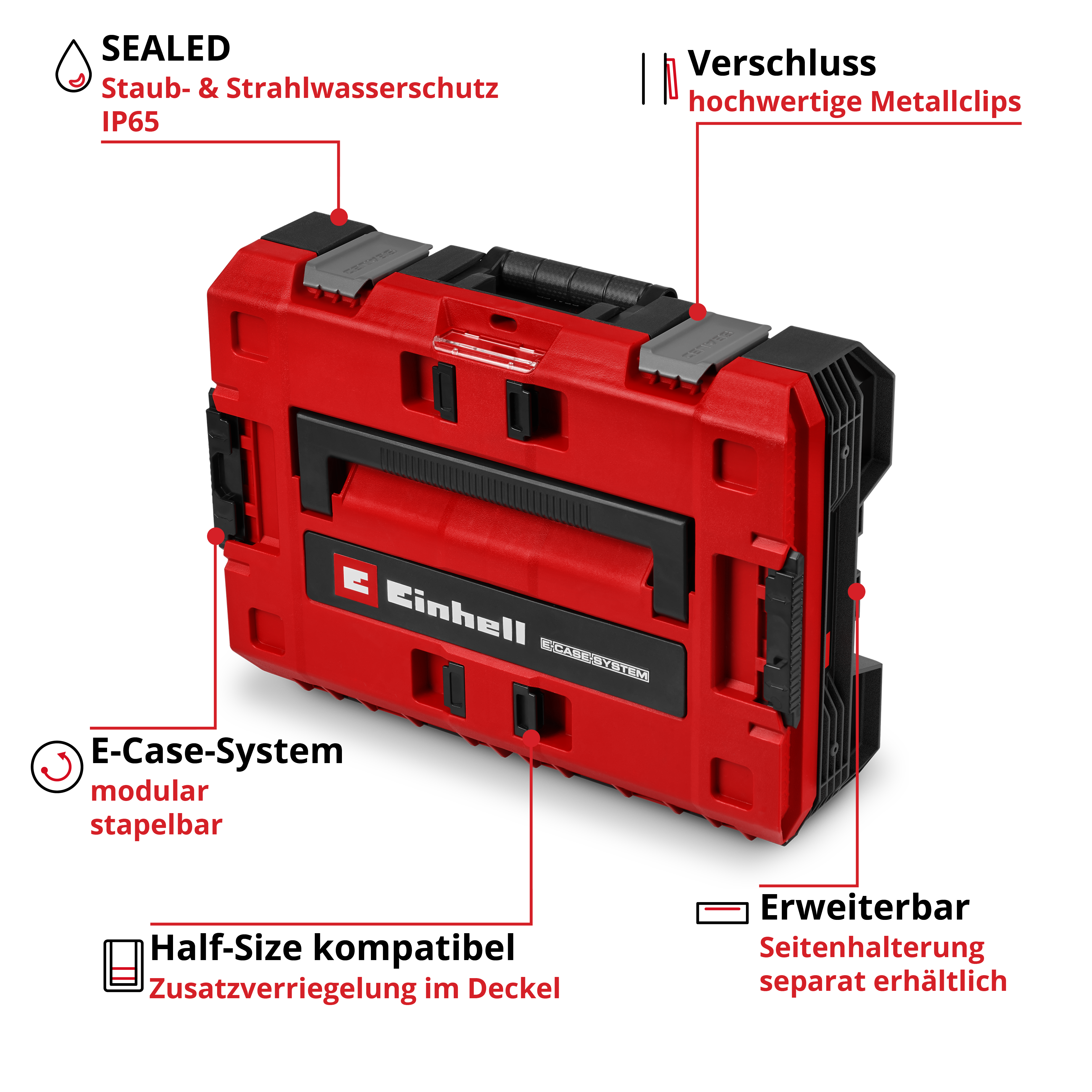 Roter Werkzeugkoffer mit Metallclips, IP65-Schutz, stapelbar und erweiterbar.