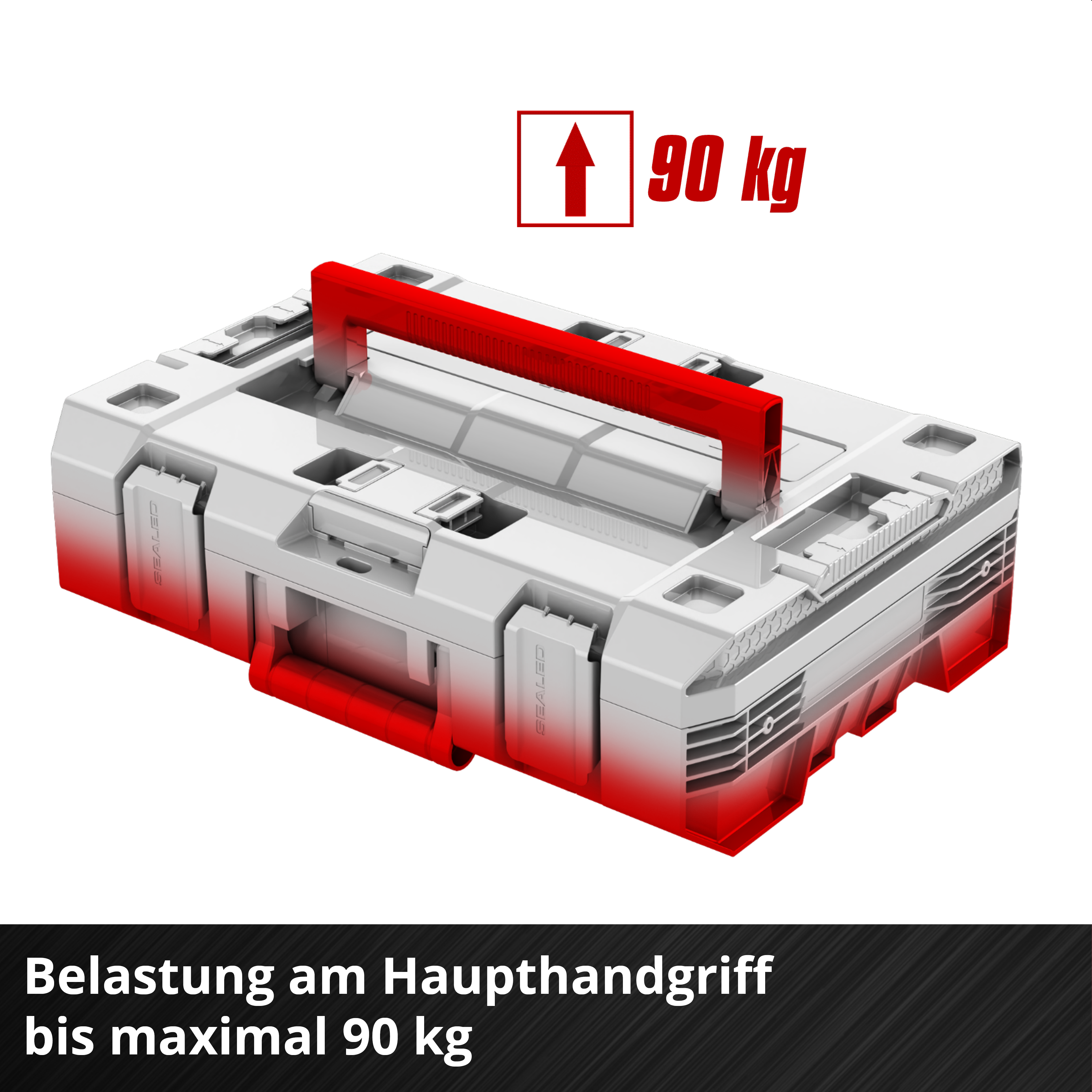 Weißer Werkzeugkasten mit rotem Griff, max. 90 kg Belastung.
