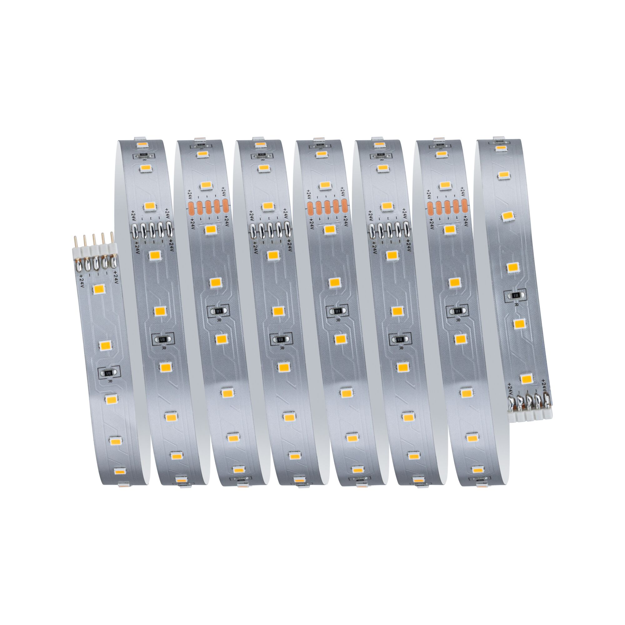 Mehrere biegsame LED-Streifen mit gelben LEDs und Kontakten auf weißem Grund.