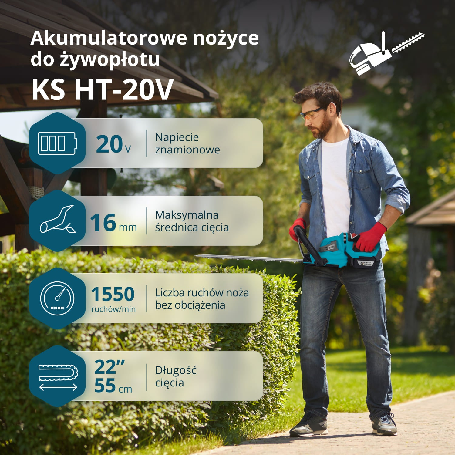 Mężczyzna w okularach i rękawicach trzyma nożyce do żywopłotu. Specyfikacje po lewej stronie.