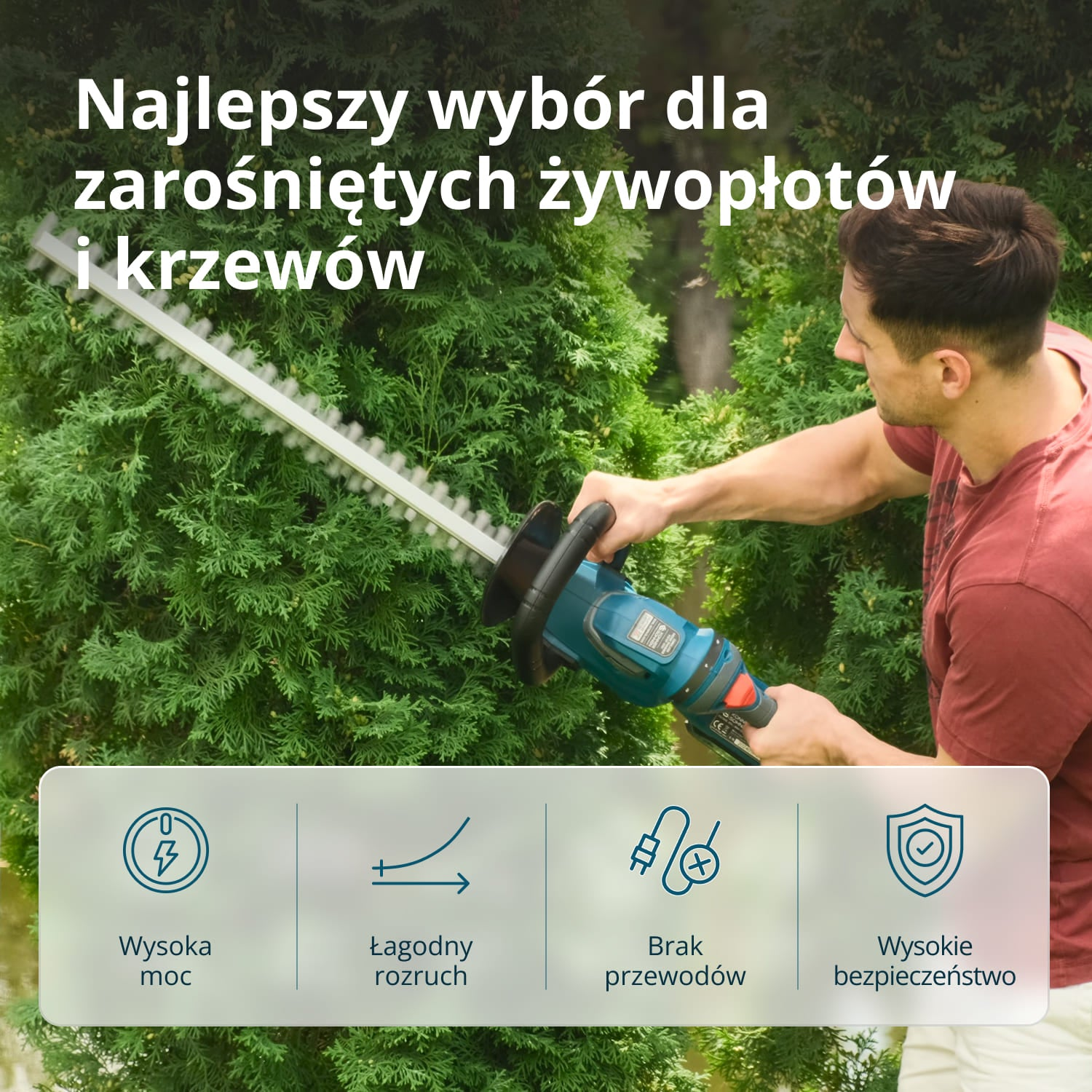 Mężczyzna przycina żywopłot nożycami. Ikony mocy, łagodnego rozruchu, bezprzewodowe, bezpieczeństwo.