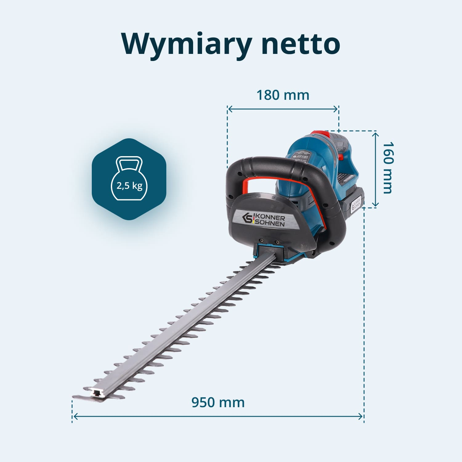 Niebieskie nożyce do żywopłotu o wadze 2,5 kg, szerokości 180 mm i długości 950 mm.