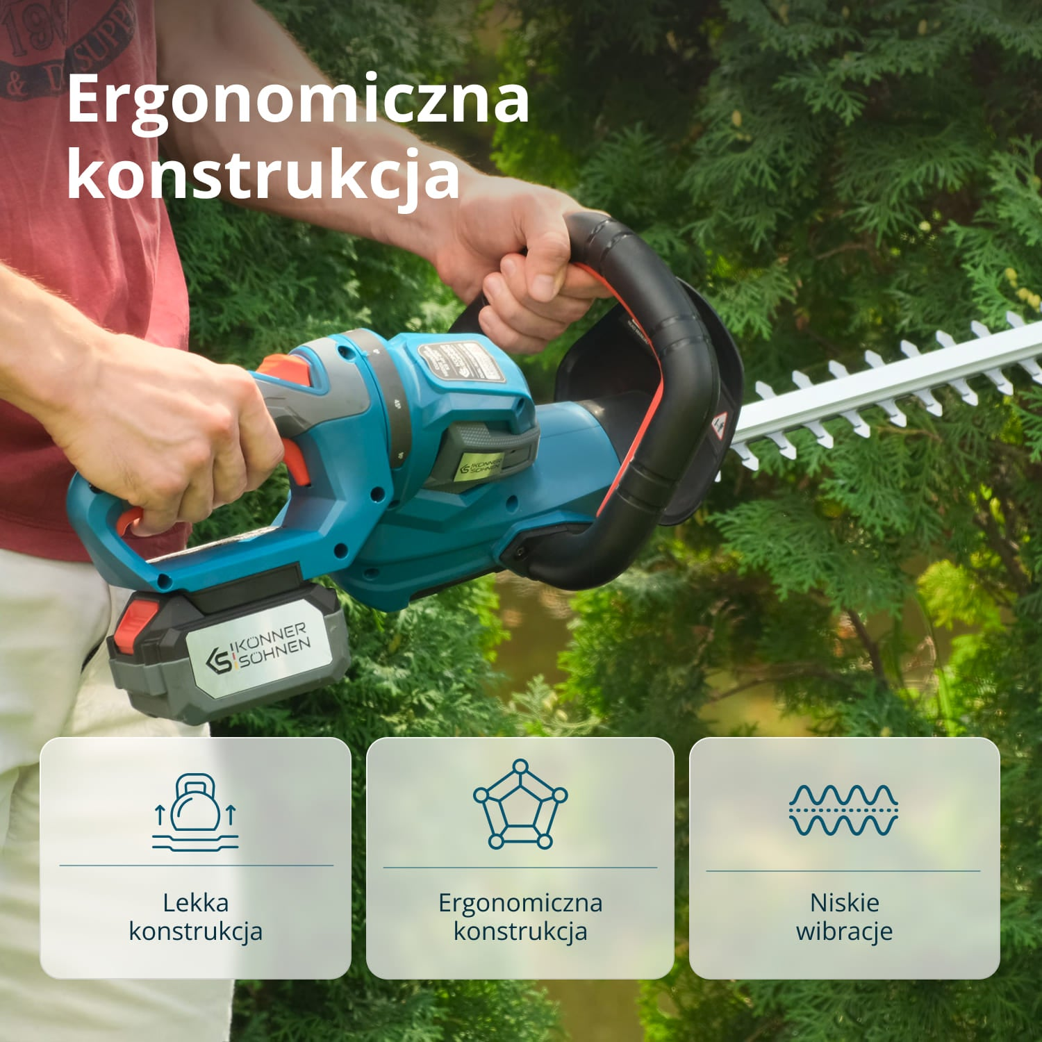 Mężczyzna trzyma nożyce do żywopłotu z niebieską baterią i tekstem o ergonomicznym designie.