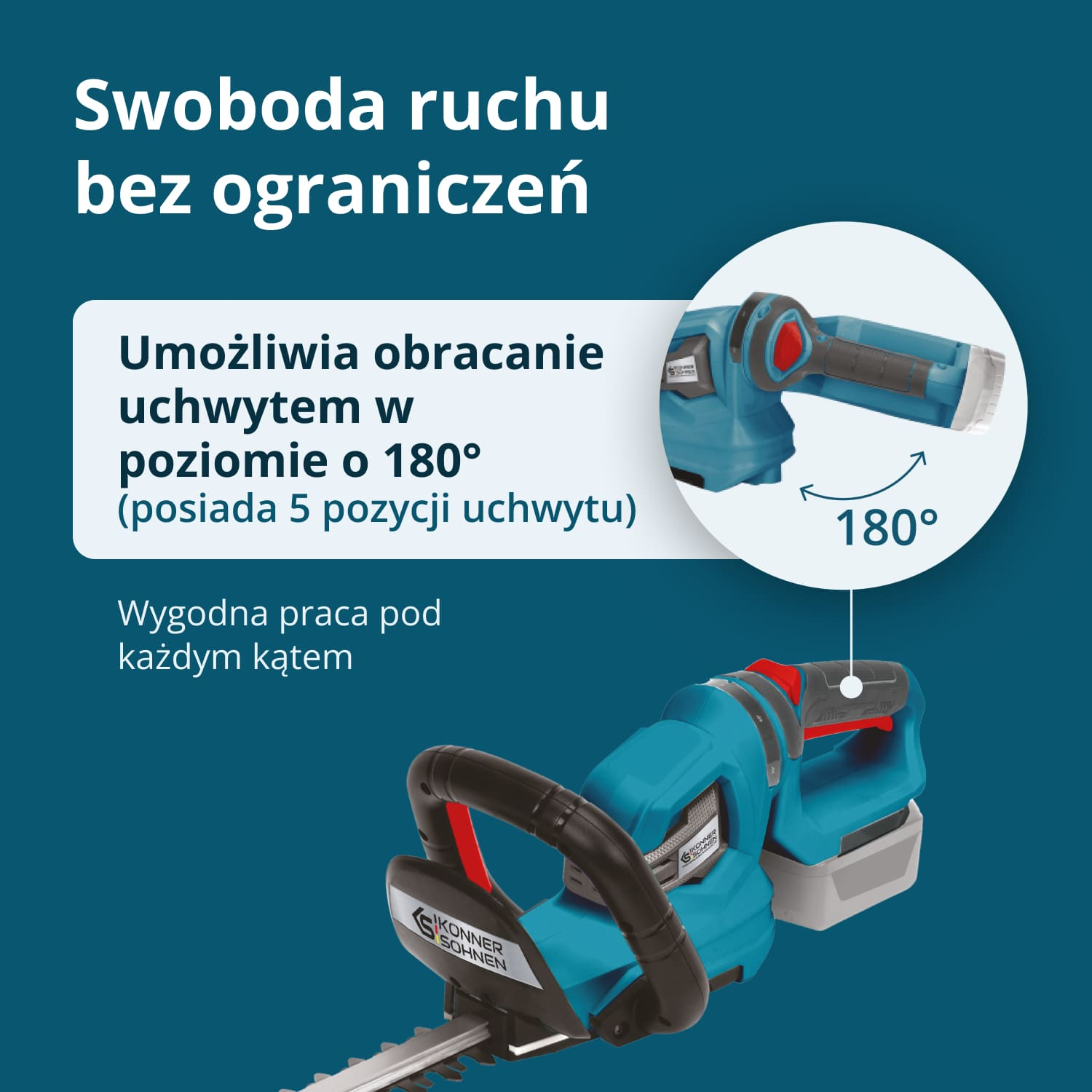 Niebiesko-czarna przycinarka do żywopłotu z obrotowym uchwytem, kąt 180°.