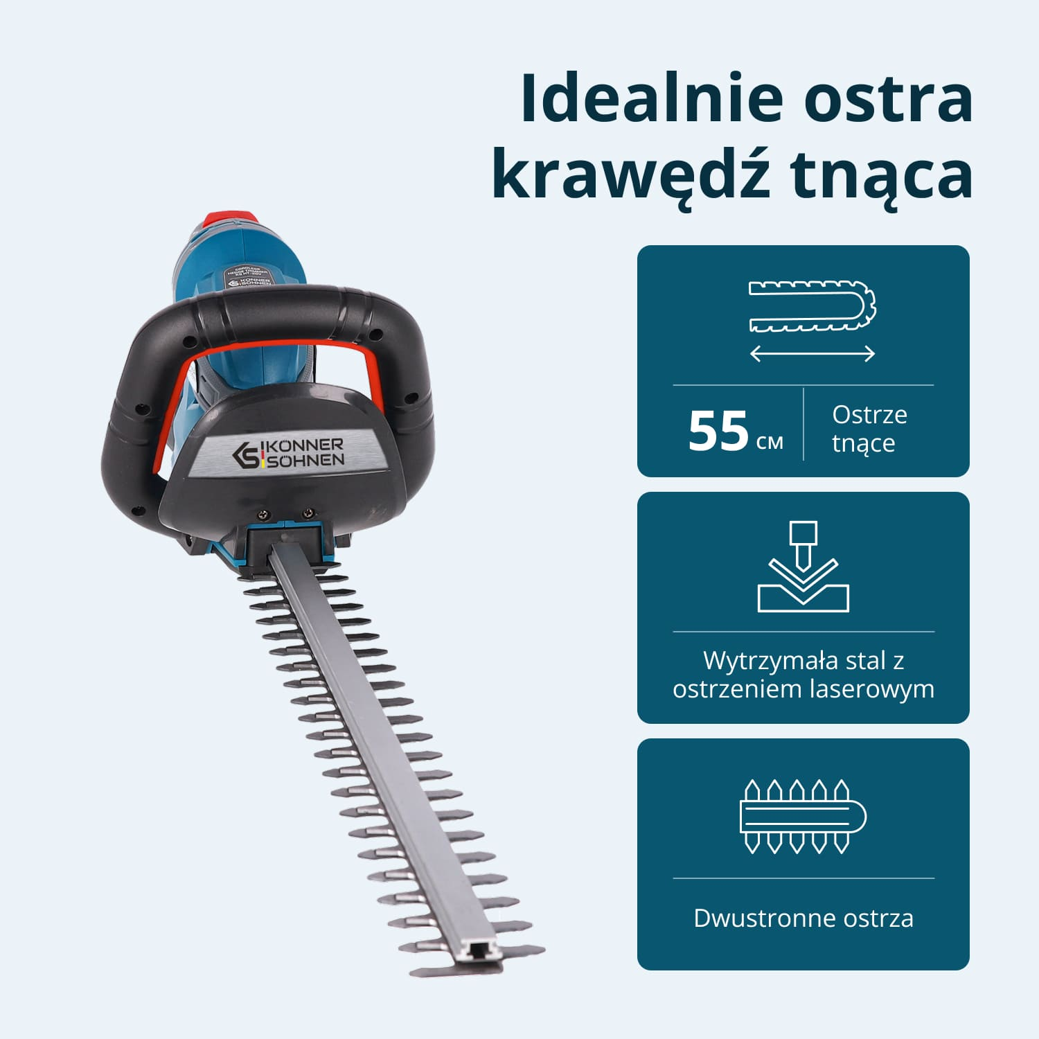 Niebieskie nożyce do żywopłotu z czarnym uchwytem i srebrnymi ostrzami.