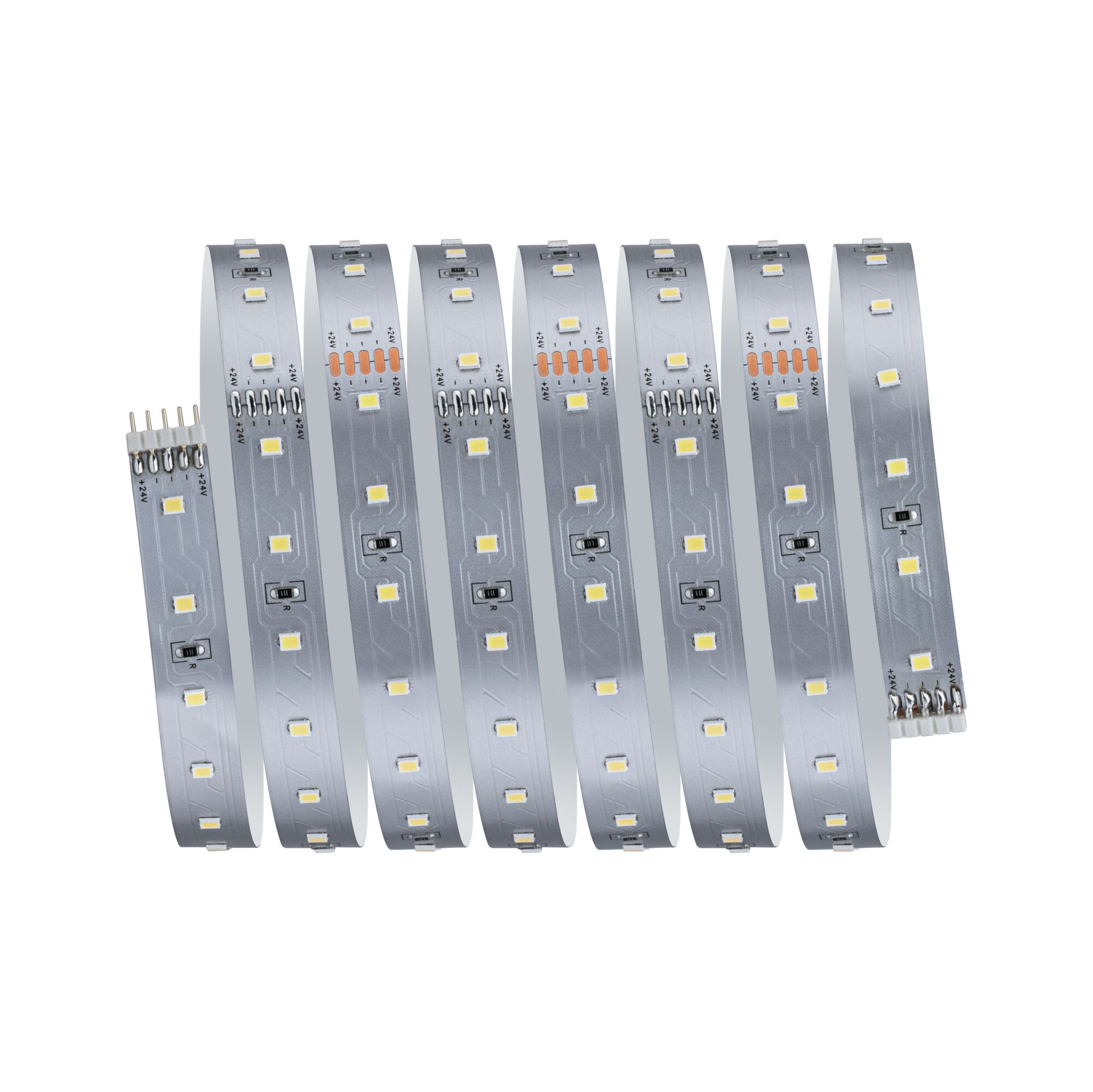 Mehrere LED-Streifen mit silberner Oberfläche und sichtbaren LEDs und Anschlüssen.