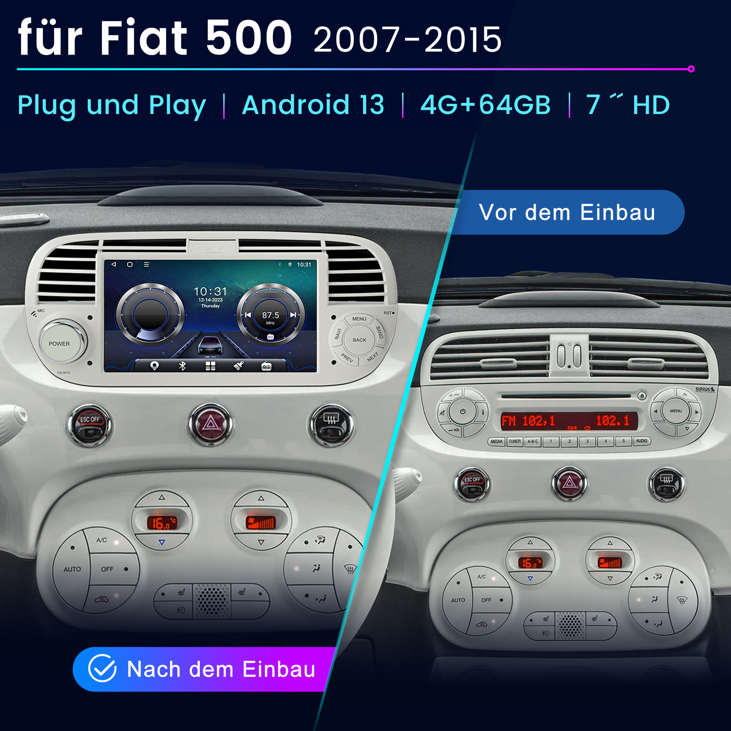 Vergleich zweier Fiat 500-Armaturenbretter vor und nach dem Einbau eines neuen Infotainmentsystems.