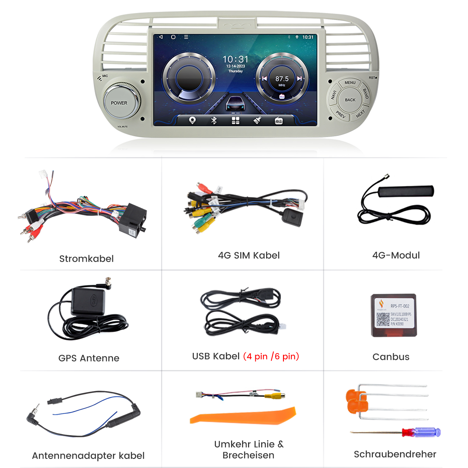 Ein Autoradio-Display und Zubehörteile wie Kabel, Antennen und Werkzeuge.
