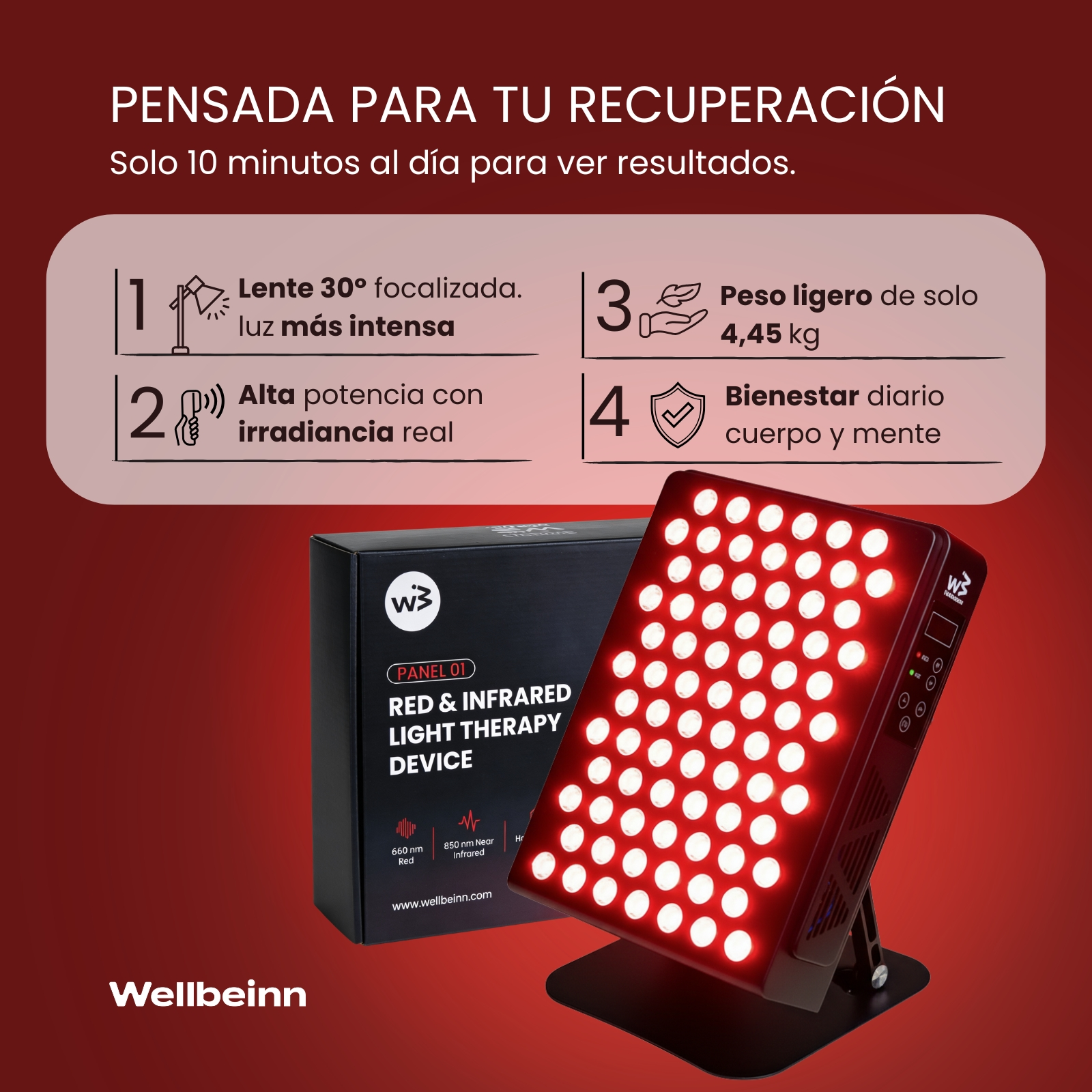 Un dispositivo de terapia de luz roja e infrarroja con panel y caja.