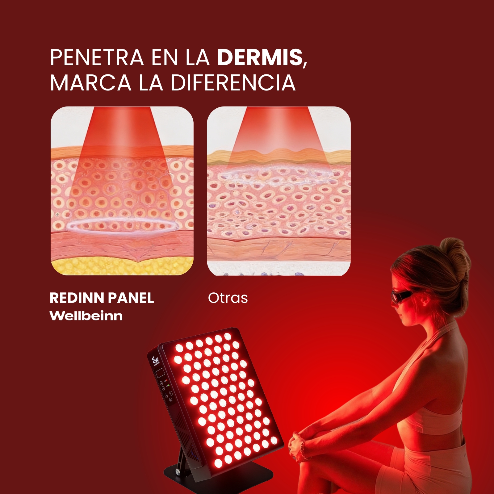Una mujer sentada ante un dispositivo de terapia de luz roja que proyecta luz.