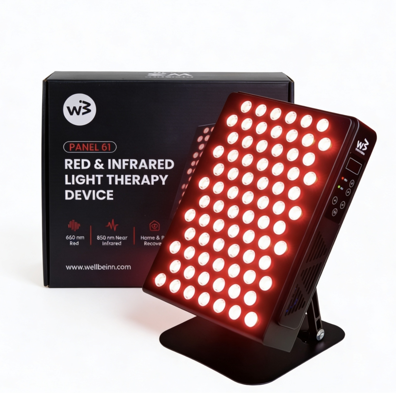 Un dispositivo de terapia de luz roja e infrarroja junto a su embalaje negro.