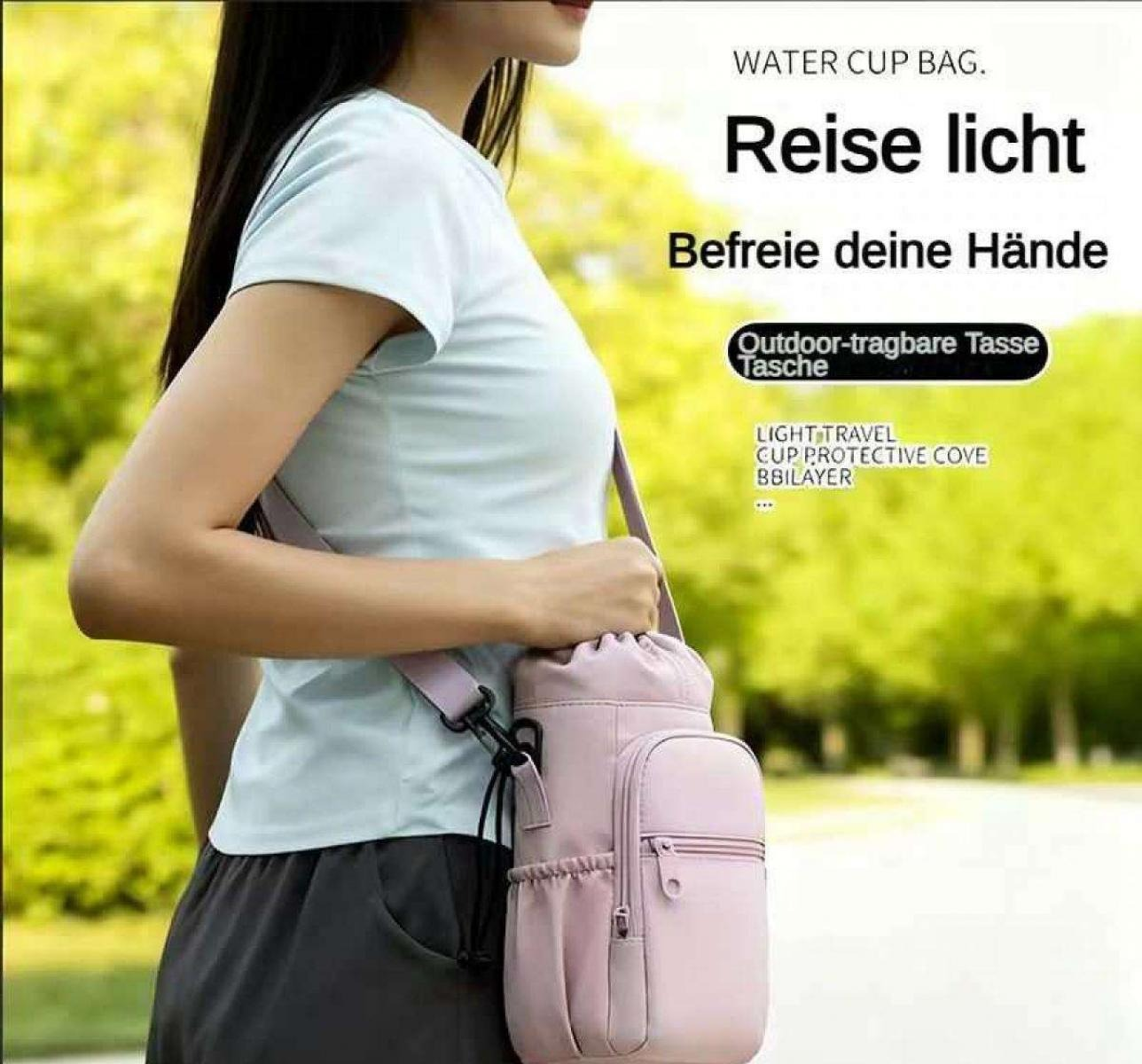 Eine Frau trägt eine rosa Tasche, die eine Wasserflasche hält. Draußen.