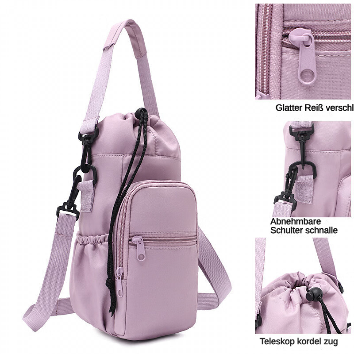 Eine lavendelfarbene Tasche mit Reißverschluss und Kordelzug.
