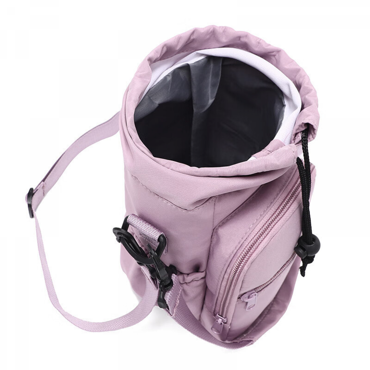 Eine flaschenförmige, lavendelfarbene Tasche mit Reißverschluss und Kordelzug.