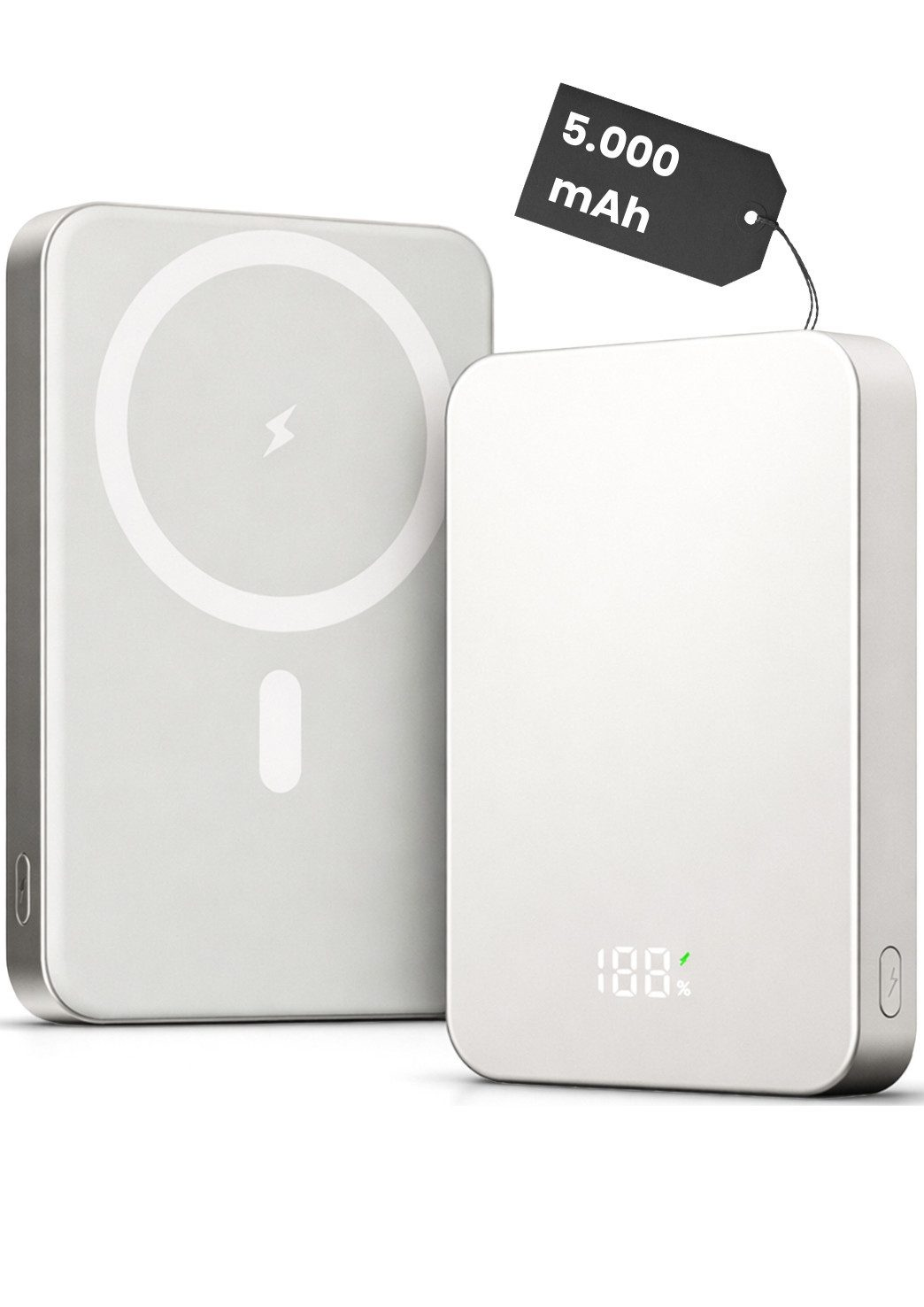 Zwei weiße Powerbanks nebeneinander, eine mit Ladeanzeige und eine mit "5.000 mAh"-Etikett.