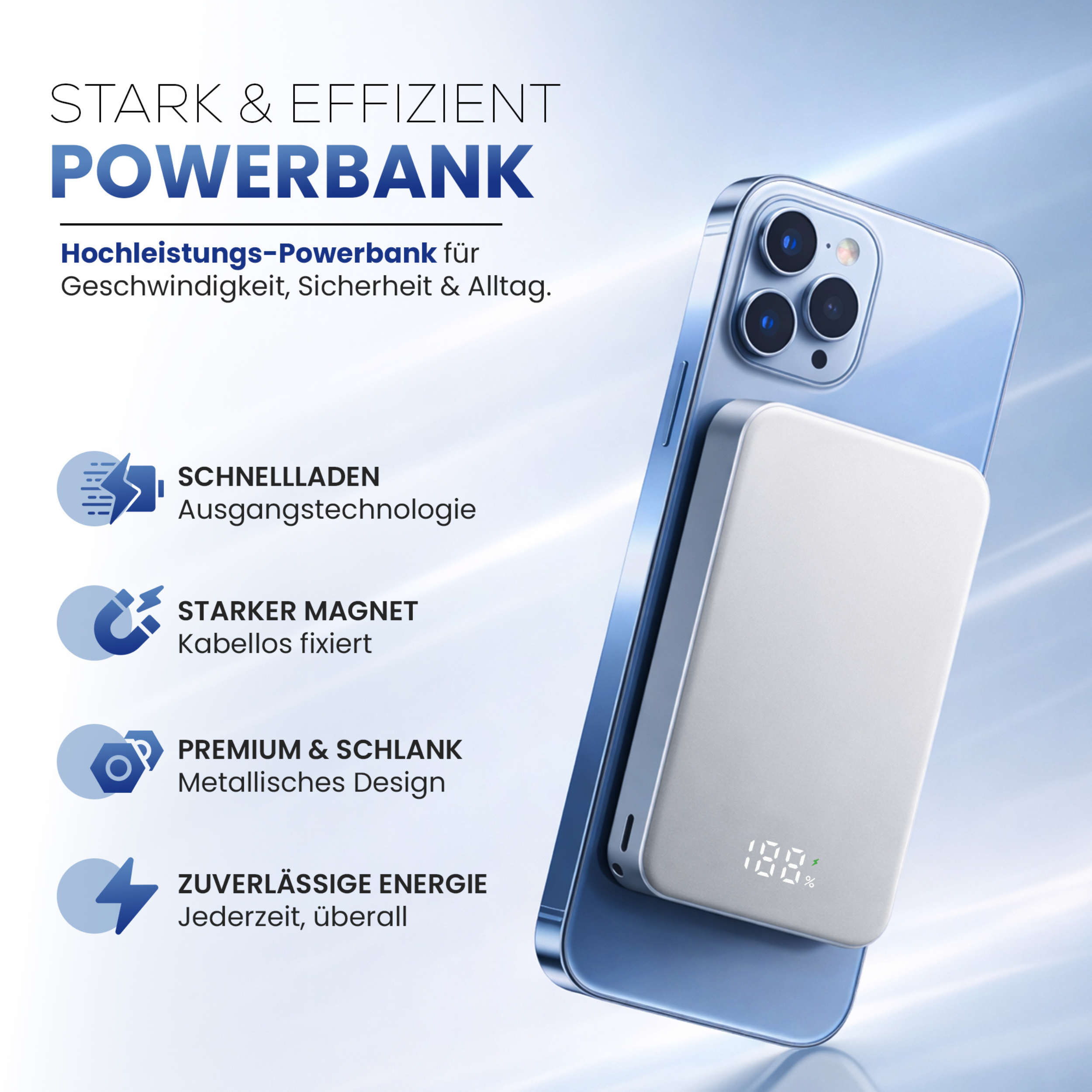 Ein weißes Powerbank haftet magnetisch an einem blauen Smartphone mit 188% Ladung.