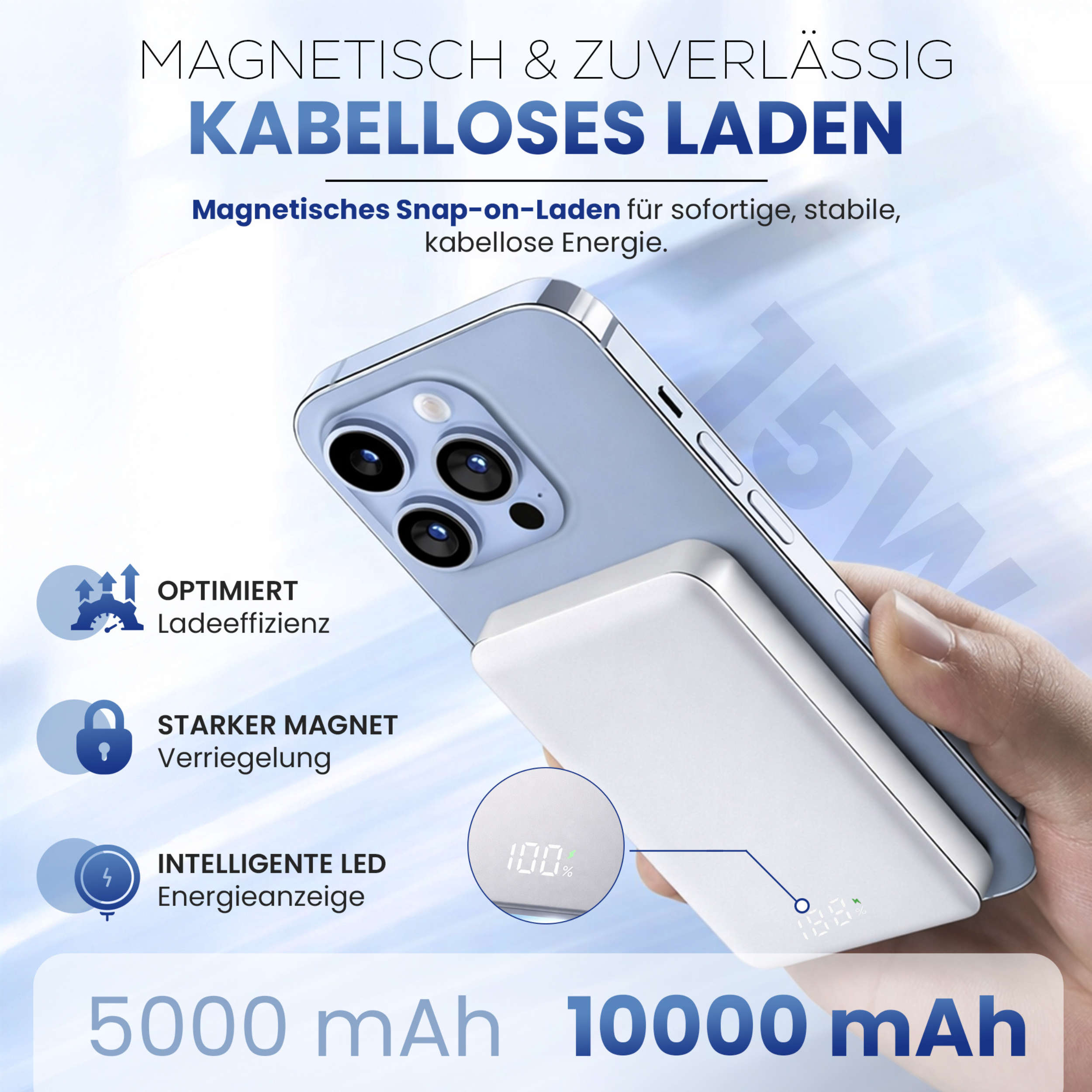 Ein Smartphone wird von einem weißen MagSafe-Ladegerät mit 100% Akku geladen.