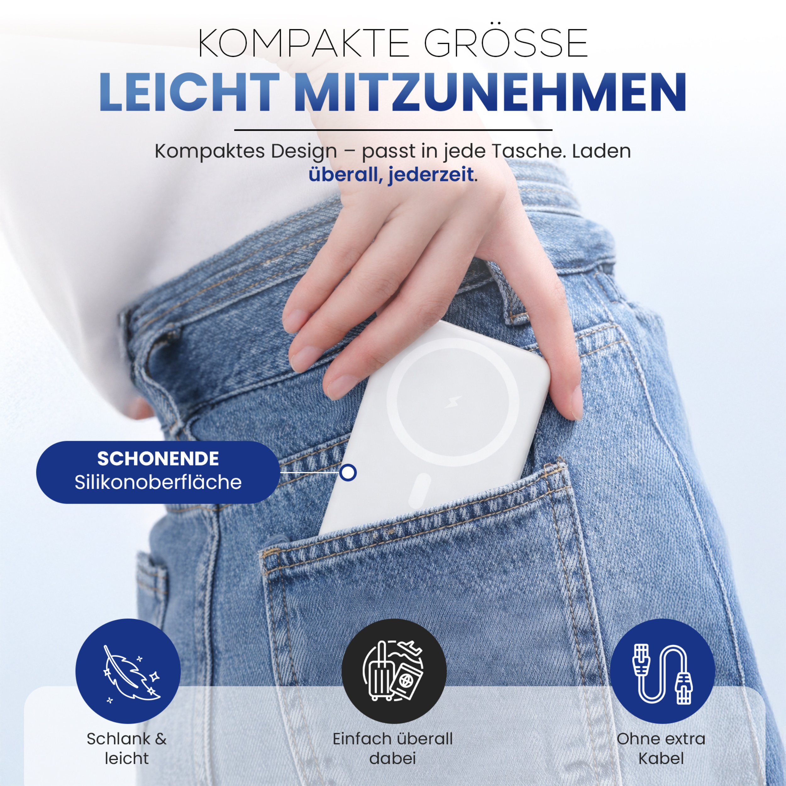 Weiße Ladestation in Jeans-Tasche: schlank, leicht, kabellos.