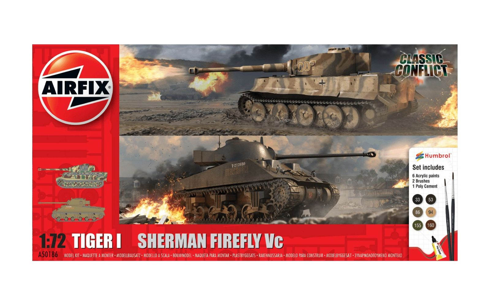 Pudełko Airfix przedstawia dwa czołgi w akcji, z farbami i akcesoriami.