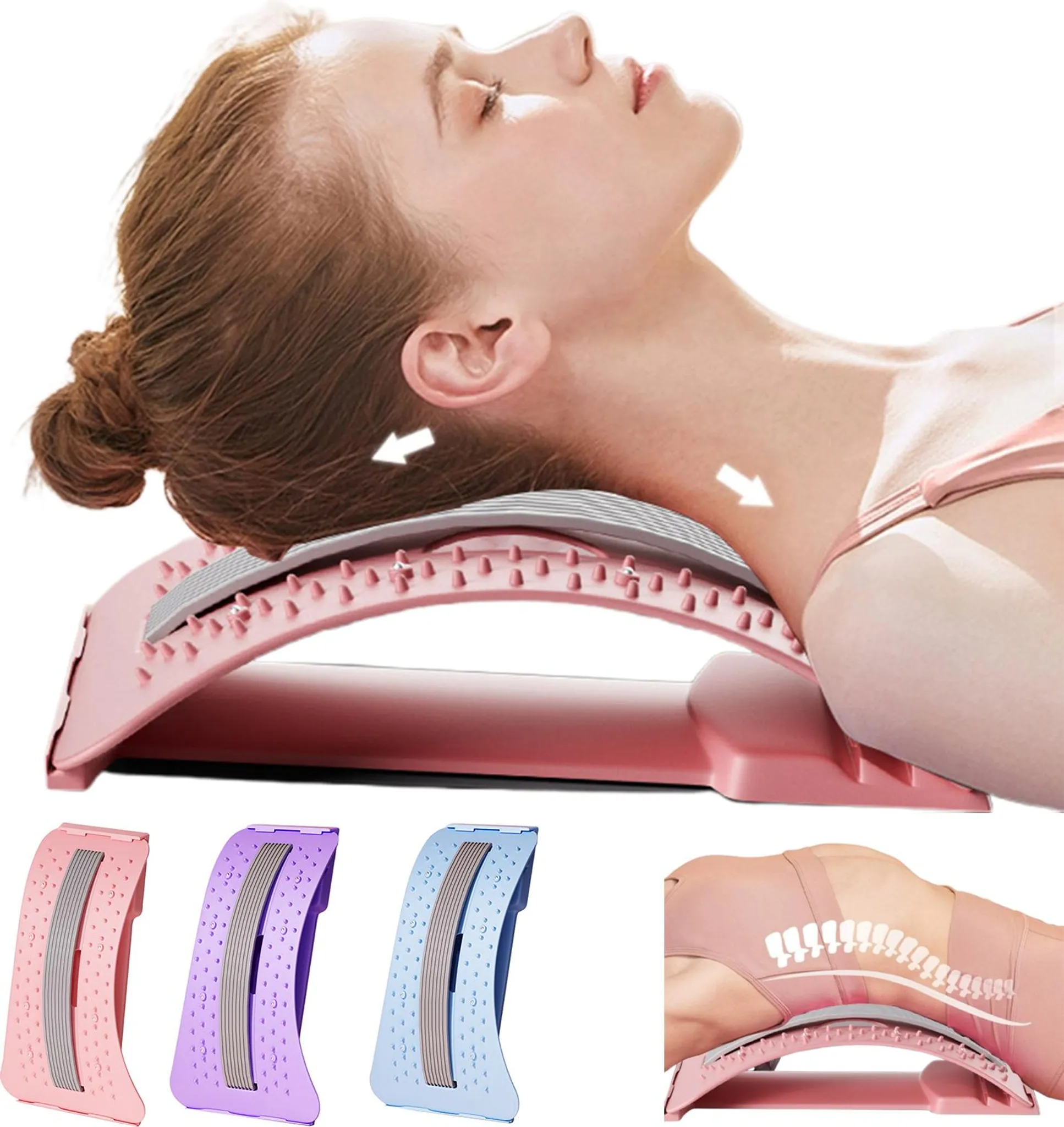 Frau liegt auf einem Rückenstrecker mit Noppen. Mehrere Strecker in Pink, Lila und Blau.