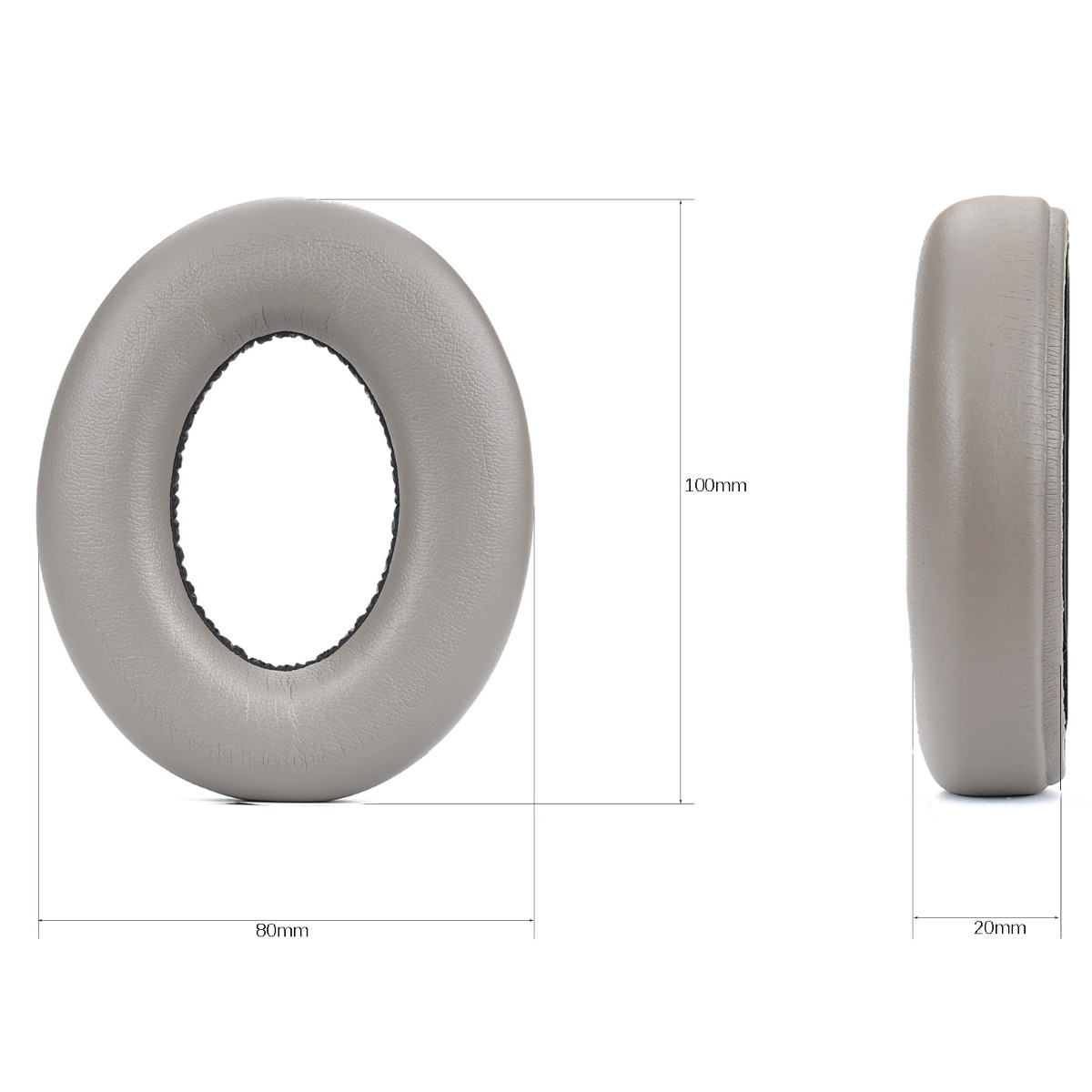 Grauer Ohrpolster, 80x100mm, 20mm dick. Links Ansicht, rechts Seitenansicht.