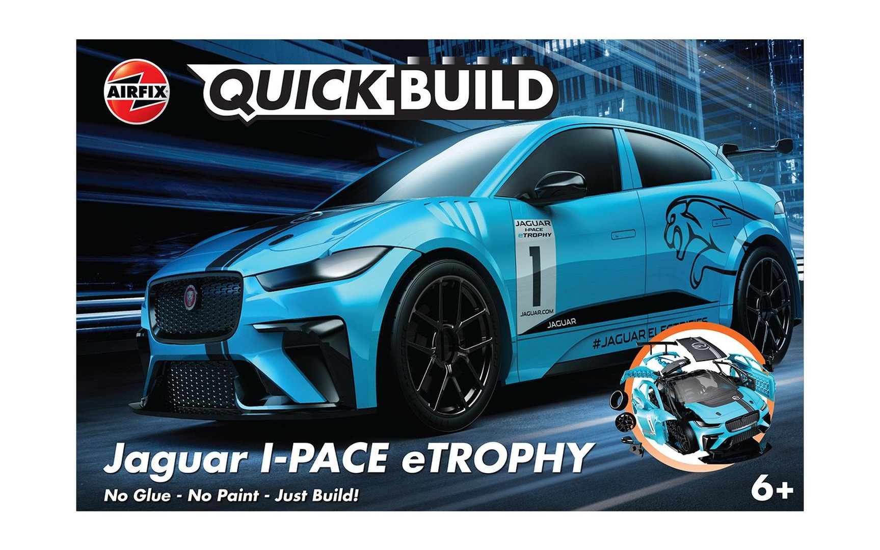 Niebieski zestaw Airfix Jaguar I-PACE eTROPHY na ciemnym tle.
