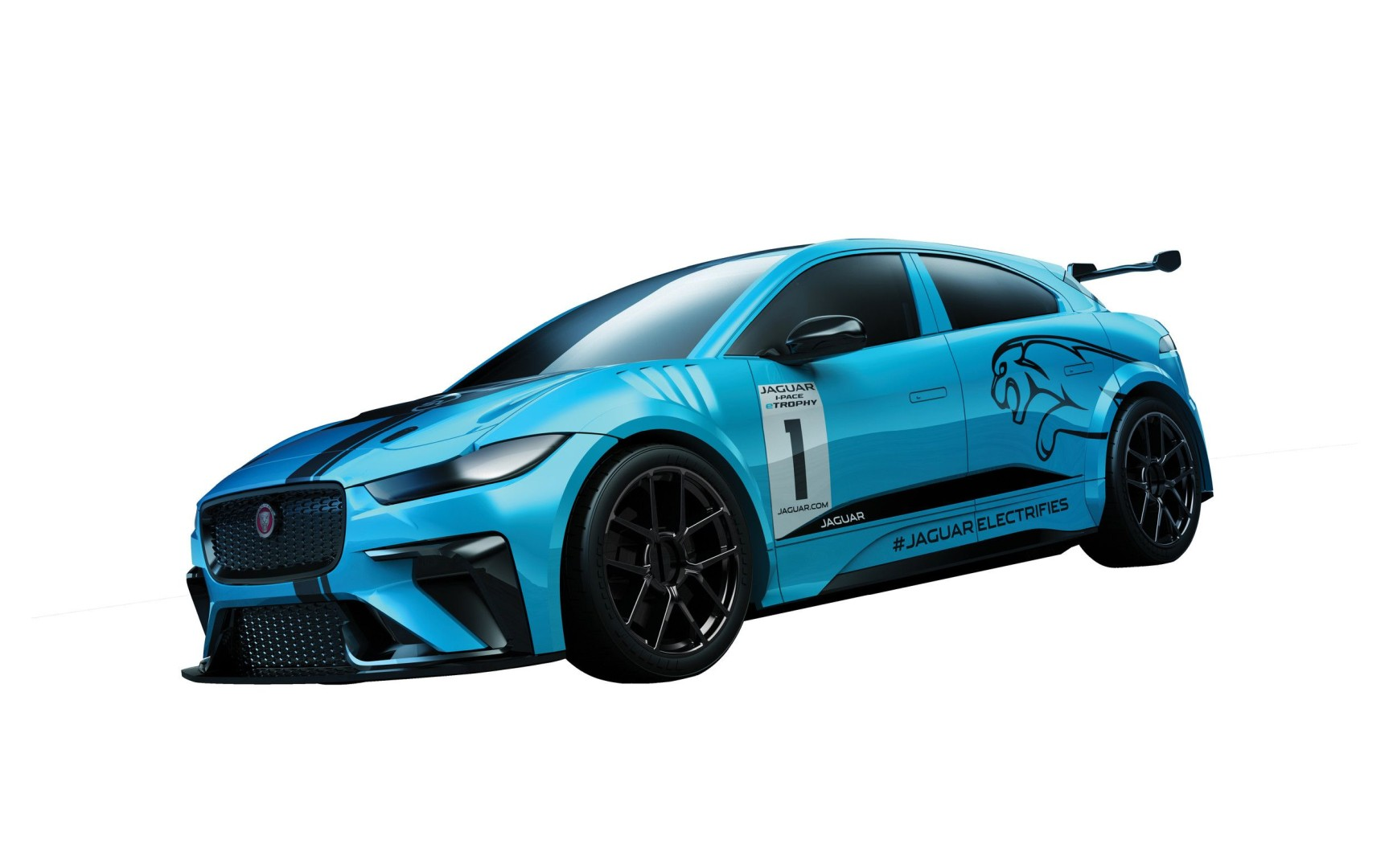 Niebieski samochód Jaguar z numerem 1 i logo Jaguar.