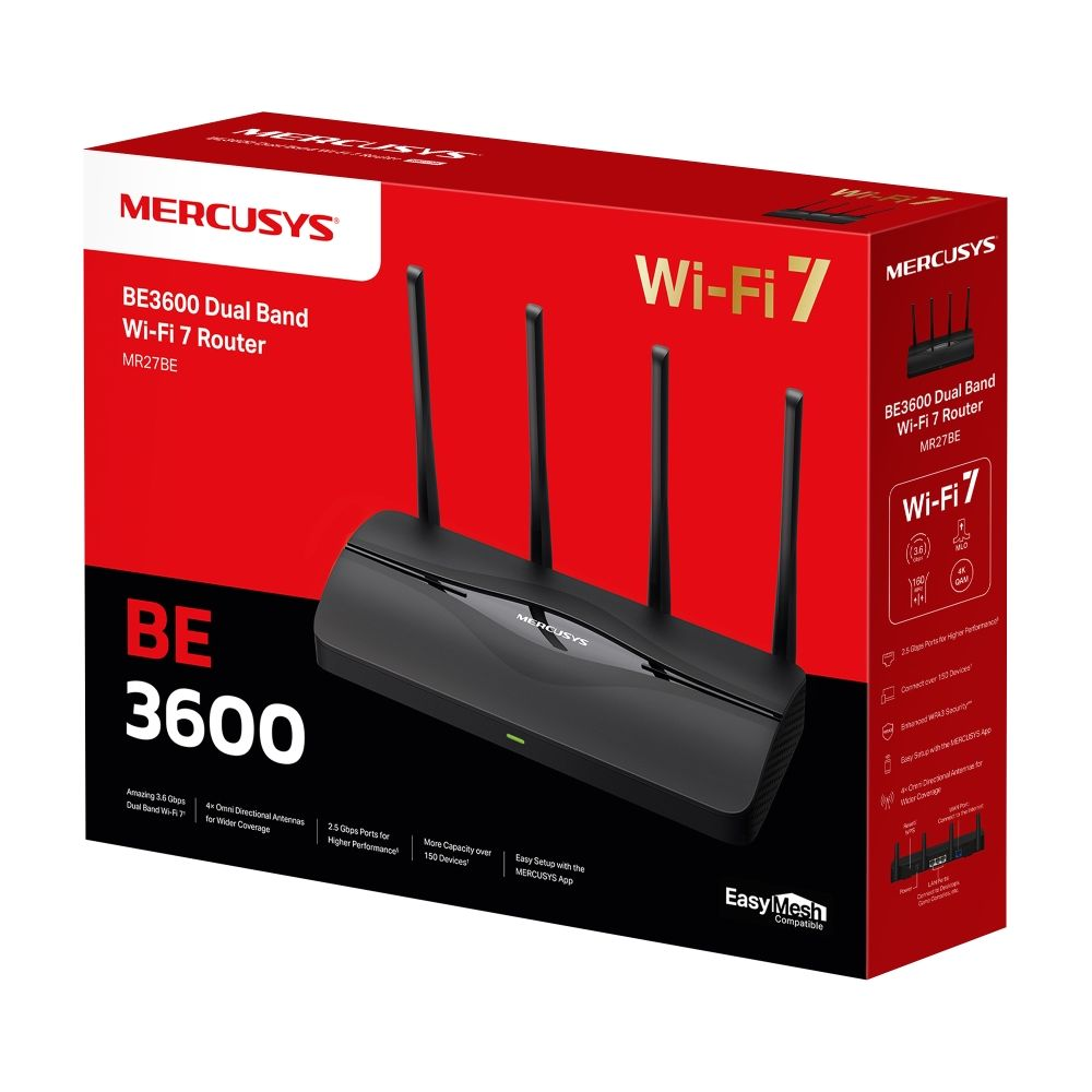 Router MERCUSYS BE3600 Wi-Fi 7 con 4 antenne su confezione rossa.