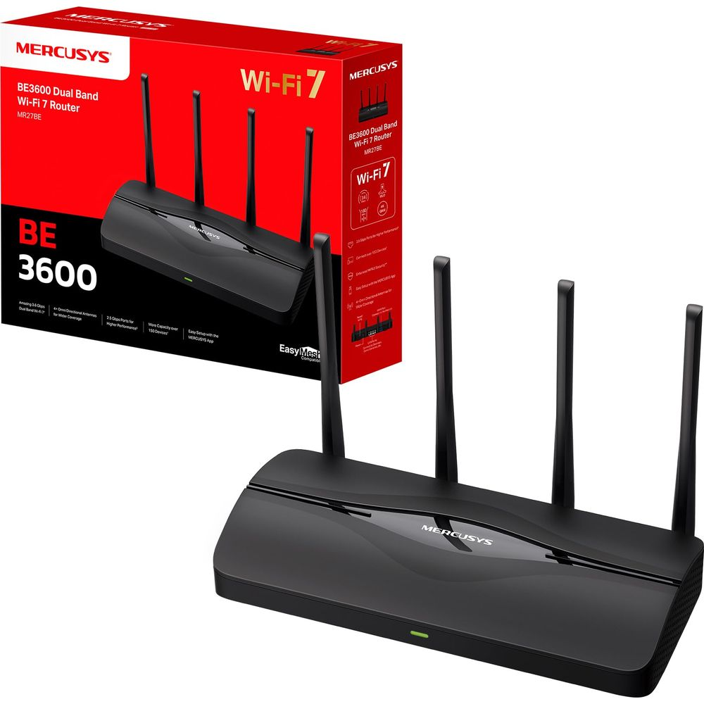 Un router MERCUSYS Wi-Fi 7 nero con quattro antenne e la sua scatola.