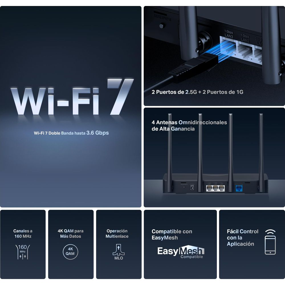 Router Wi-Fi 7 con 4 antenne, porte 2x 2.5G e 2x 1G, dual-band 3.6 Gbps.