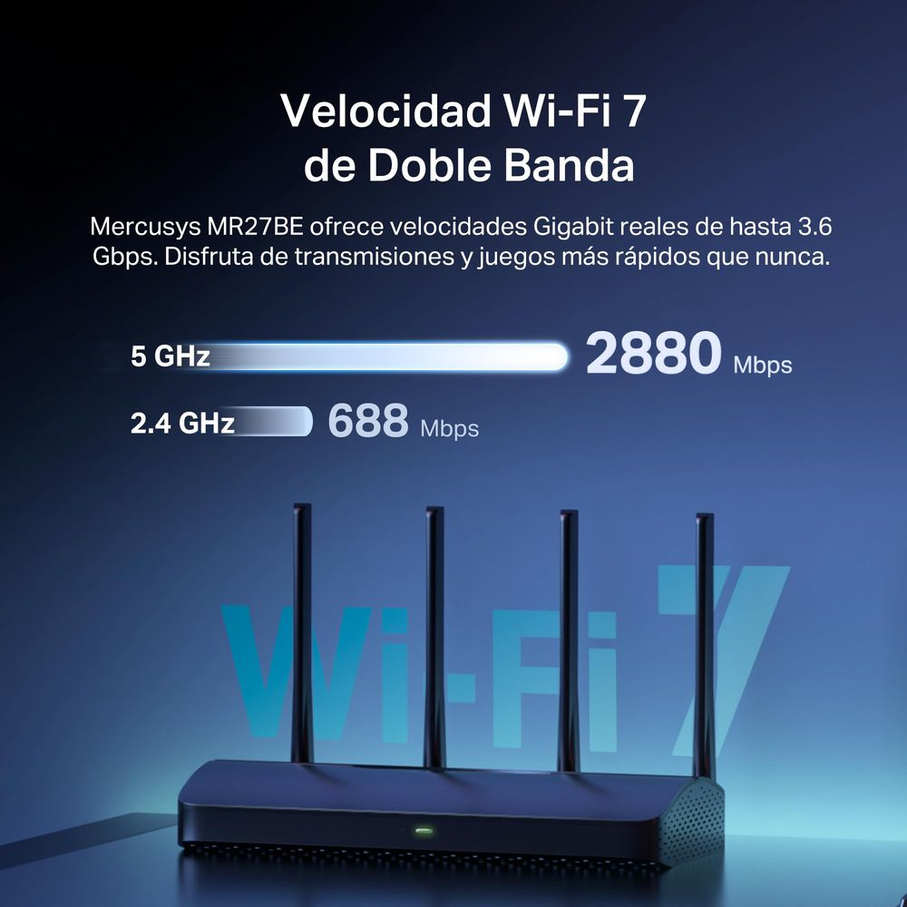 Un router Mercusys Wi-Fi 7 con velocità dual-band di 2880 Mbps (5 GHz) e 688 Mbps (2,4 GHz).