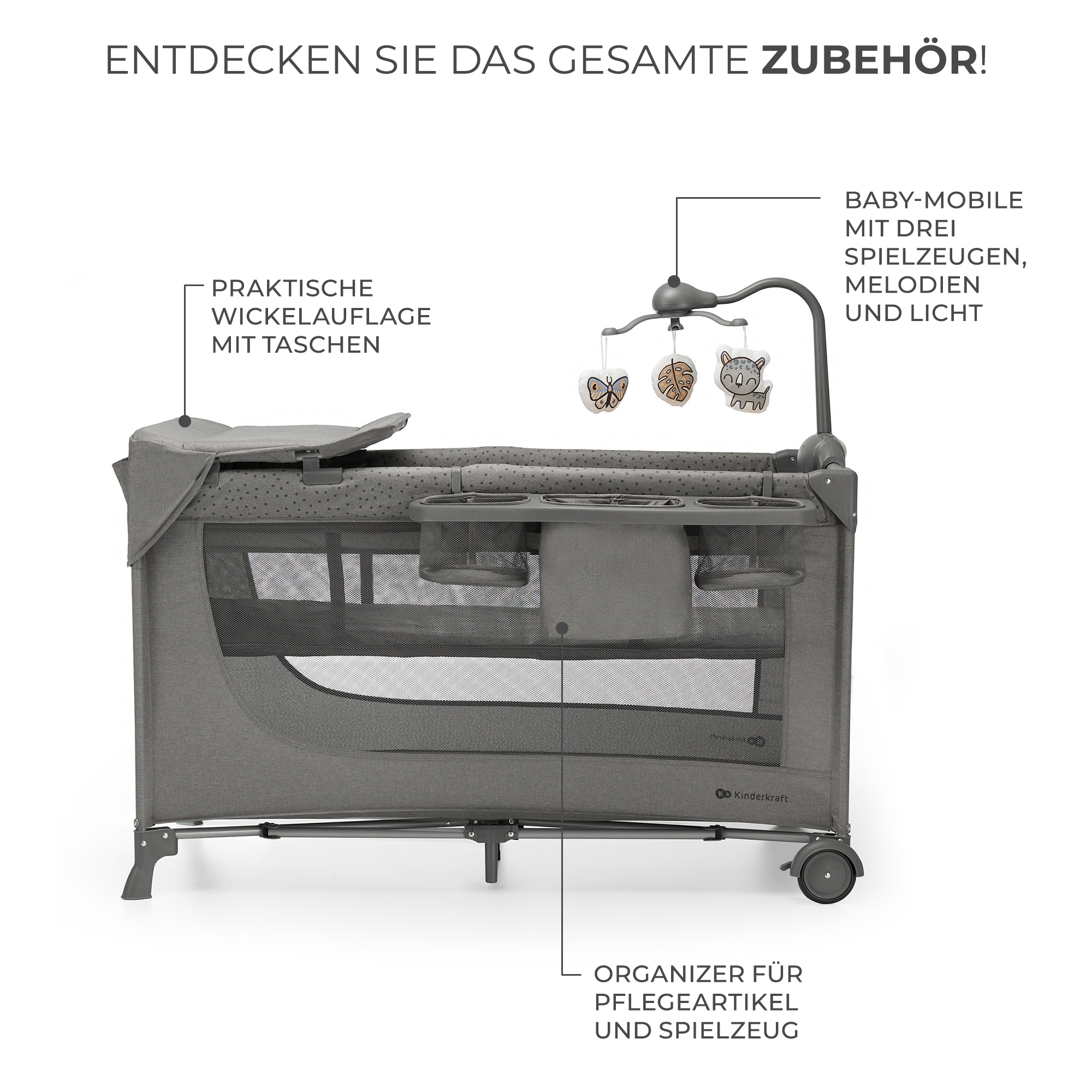 Grauer Kinderwagen mit Wickelauflage, Spielzeug und Organizer.