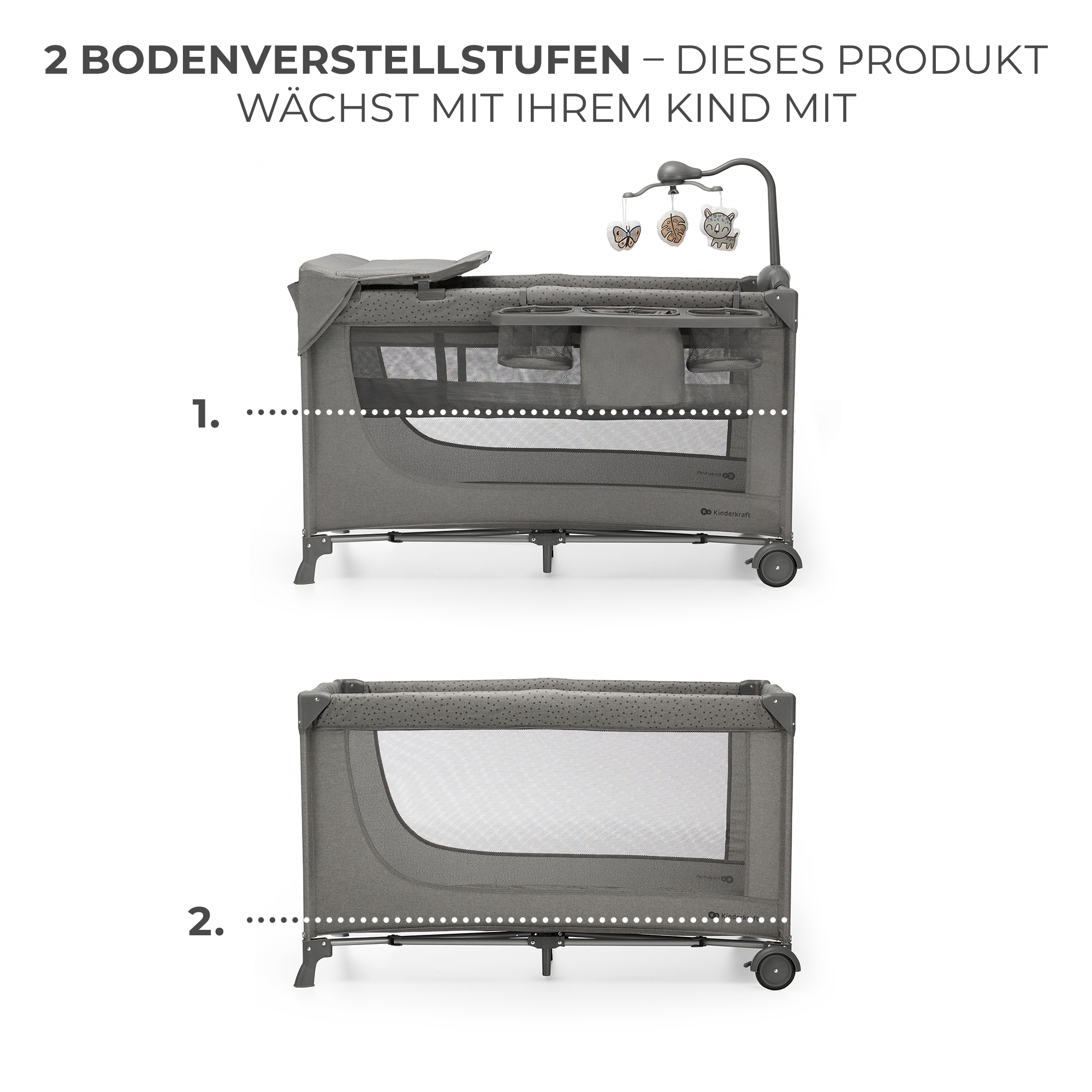 Zwei graue Babybetten nebeneinander, eines mit Spielbogen und Wickeltisch, das andere ohne.