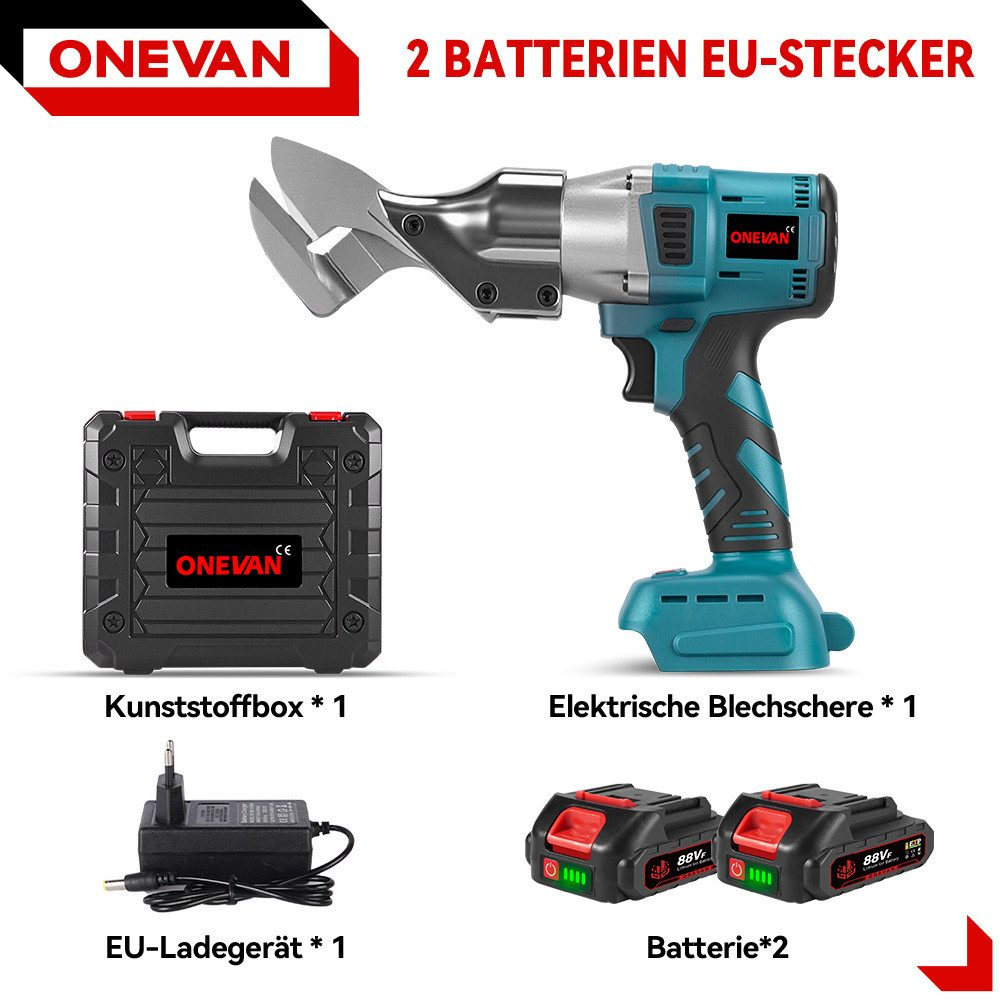 Un juego de herramientas con una cizalla eléctrica para metal, dos baterías, cargador y maletín.