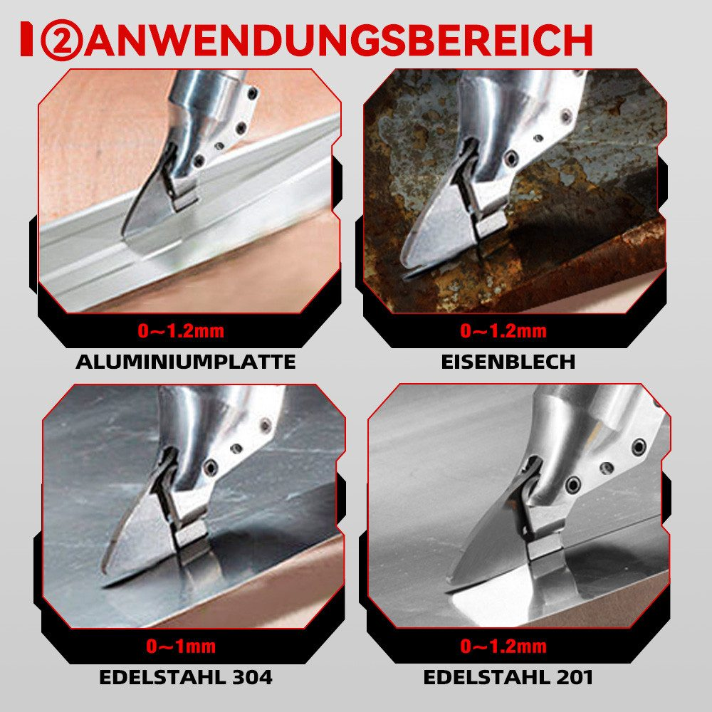 Cuatro imágenes muestran una herramienta de corte en aluminio, chapa, acero inoxidable 304 y 201.