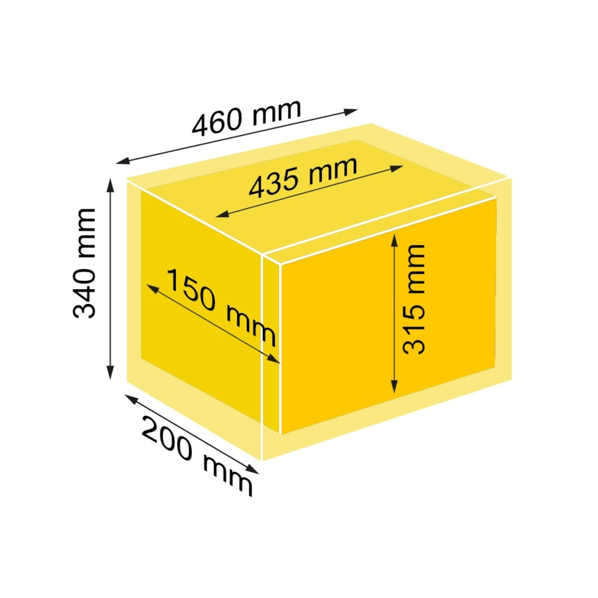 Cuboide giallo con dimensioni: 460x340x200mm e 435x315x150mm.