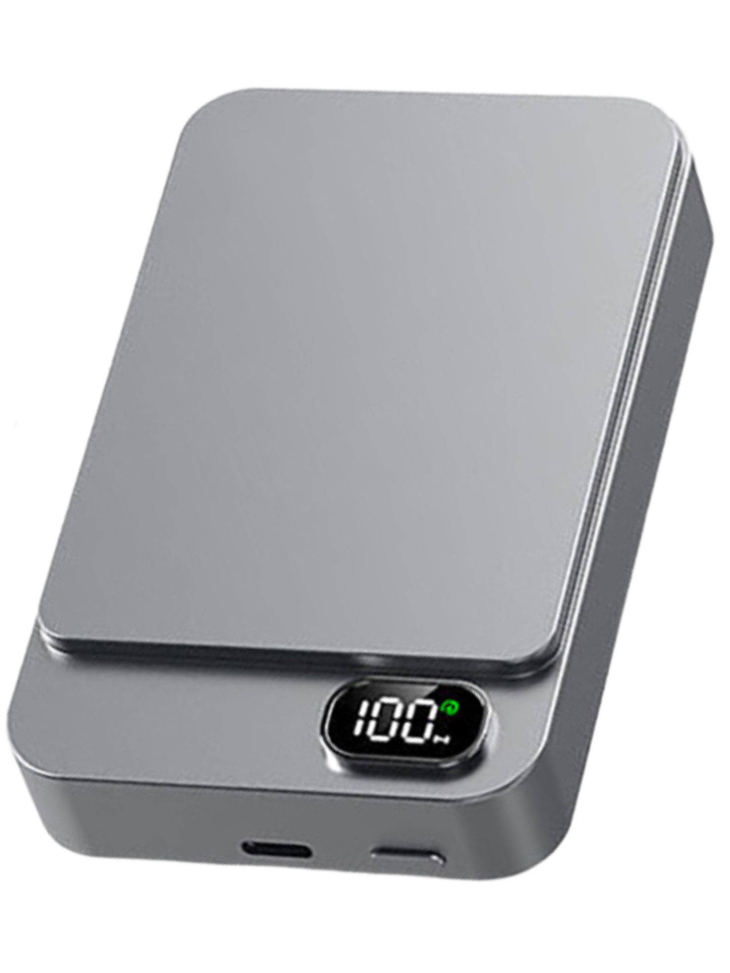 Graues, rechteckiges Gerät mit digitaler Anzeige von 100% und einem grünen Punkt.