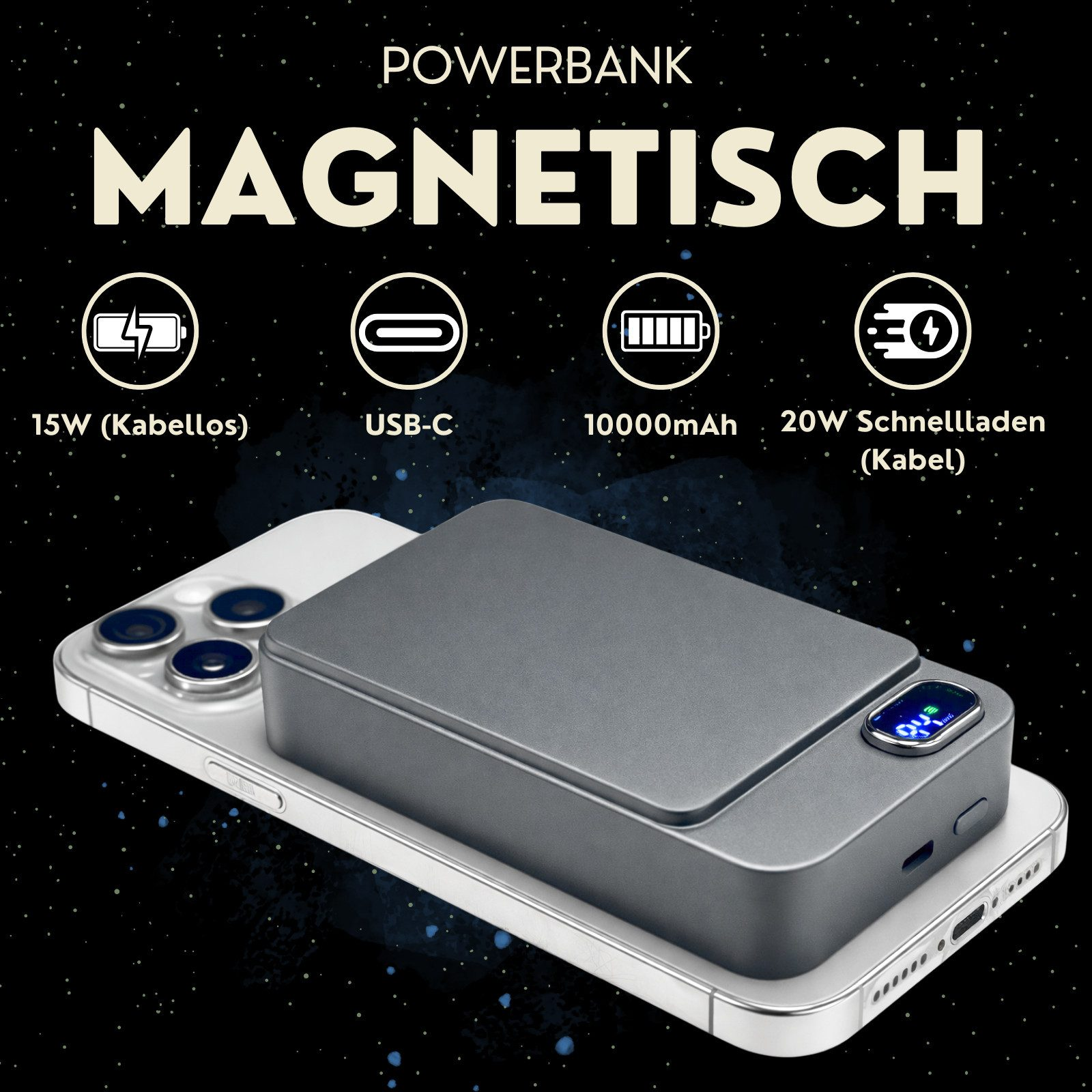 Grauer magnetischer Powerbank auf weißem Handy mit Ladeanzeige.