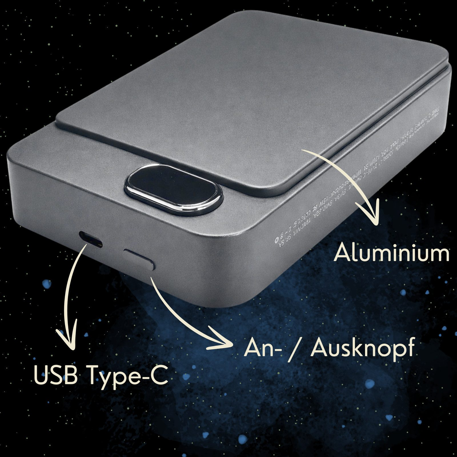 Graues Aluminiumgehäuse mit USB-C-Anschluss und Ein-/Ausschalter.