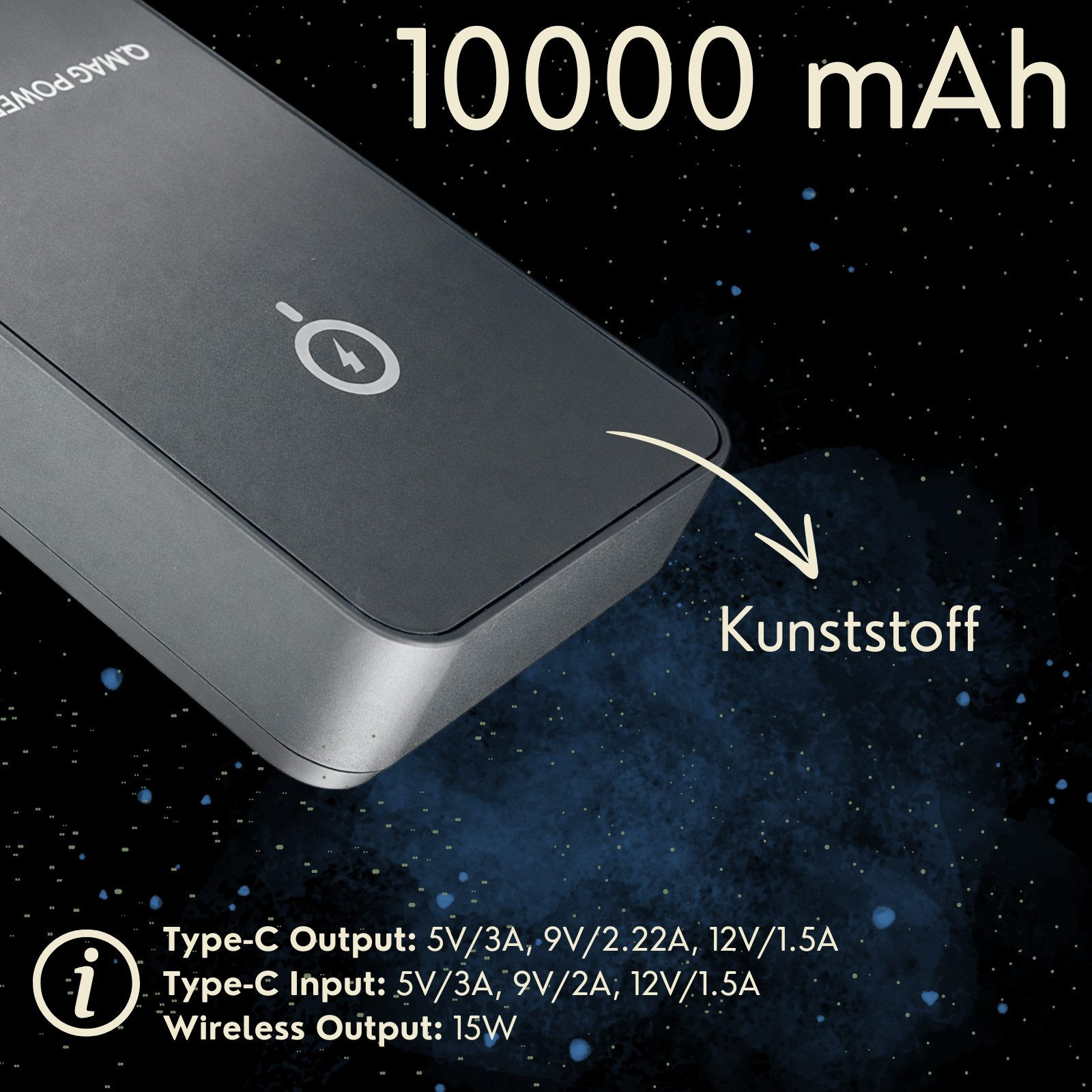 Ein graues Powerbank-Gerät mit 10000 mAh Kapazität. Mit Ladeanzeige und Spezifikationen.