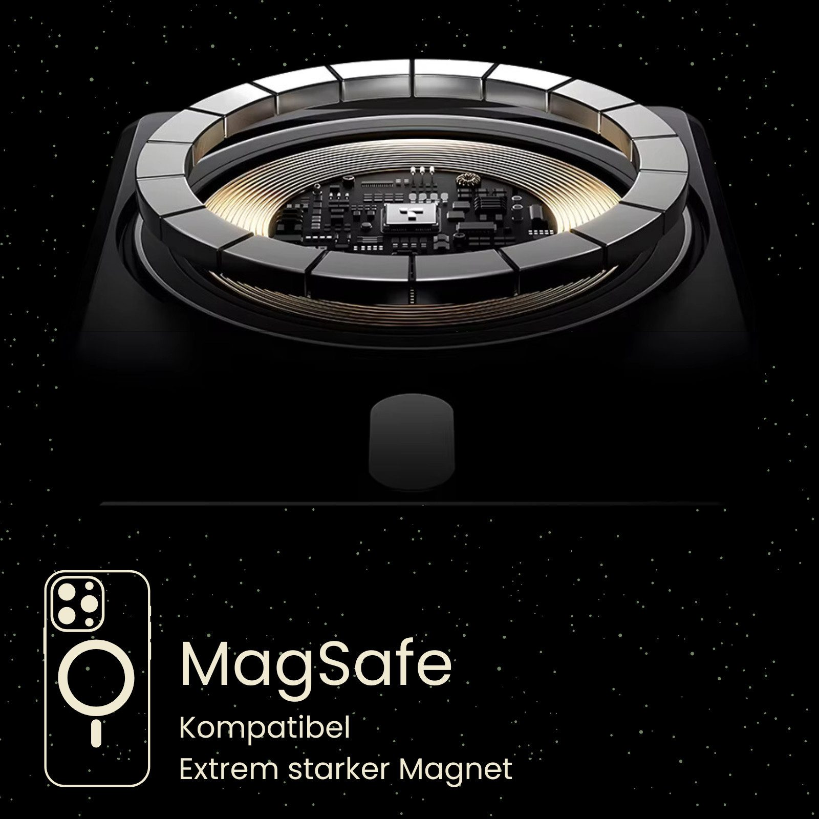 MagSafe Ladefunktion mit starkem Magneten und Leiterplattendetails.
